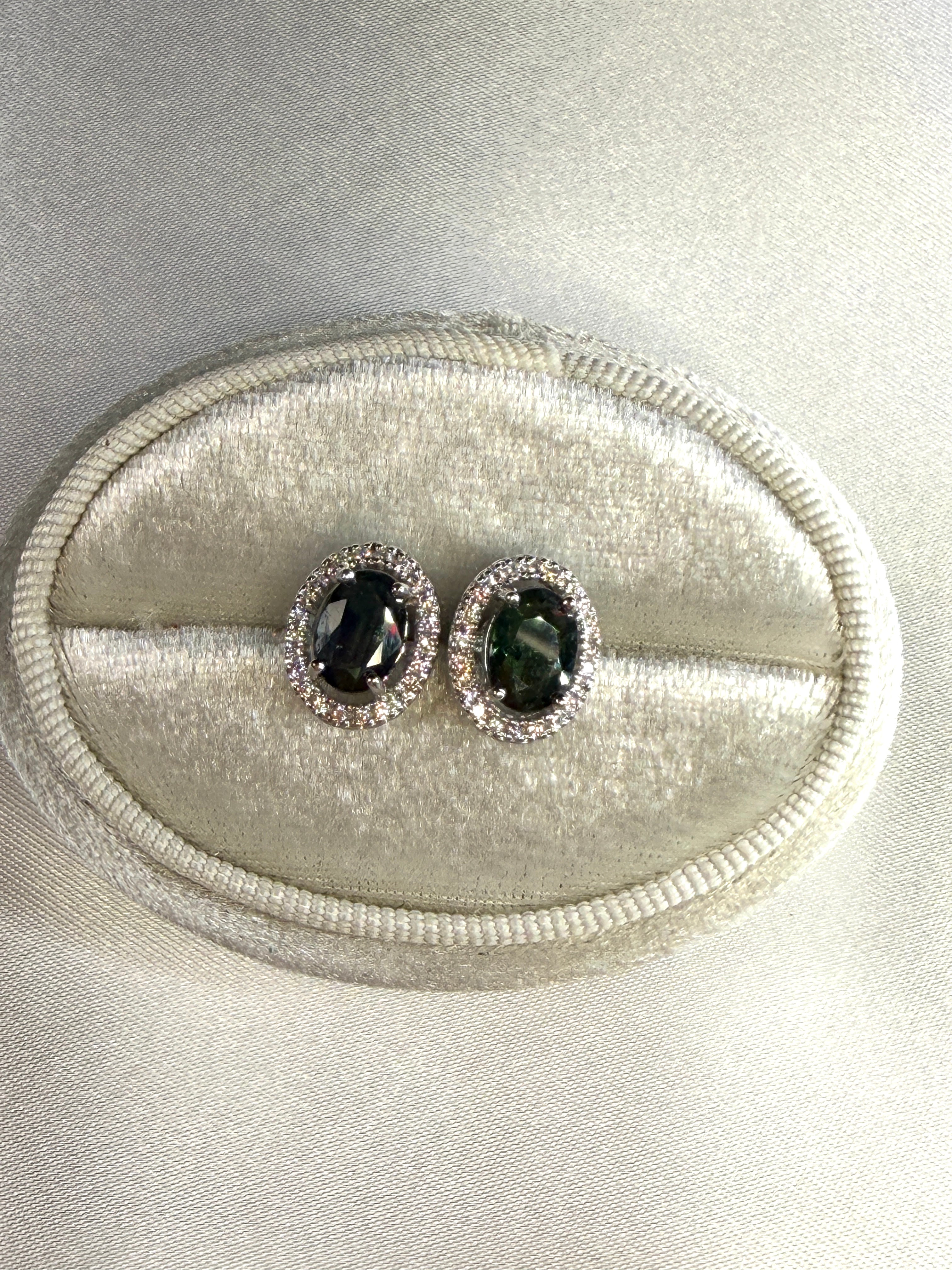 Natural Black Sapphire Stud Earrings 5x7mm Platinum Plated