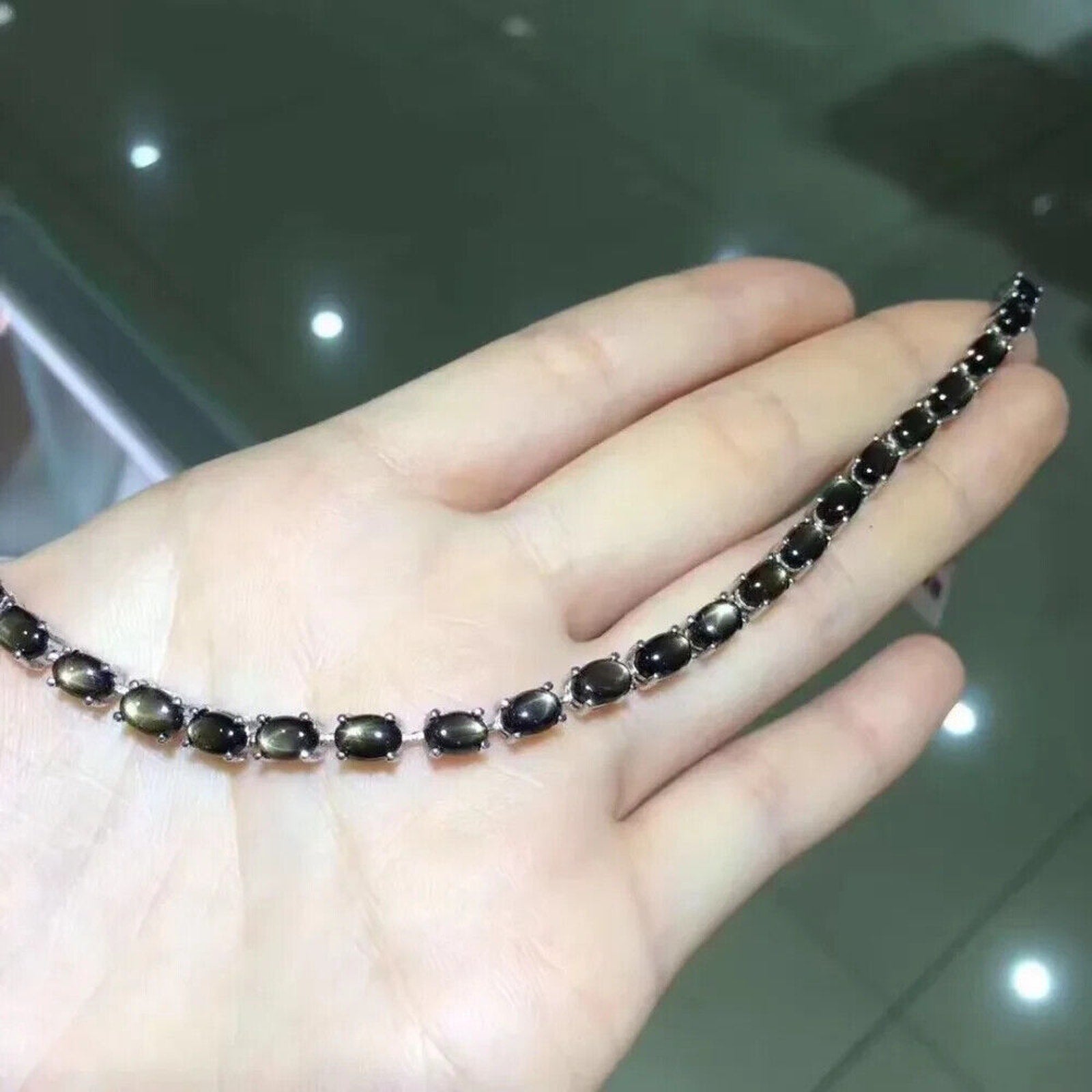 Natural Gray Star Sapphire Tennis Bracelet 4x6mm, Genuine Gray Star Sapphire