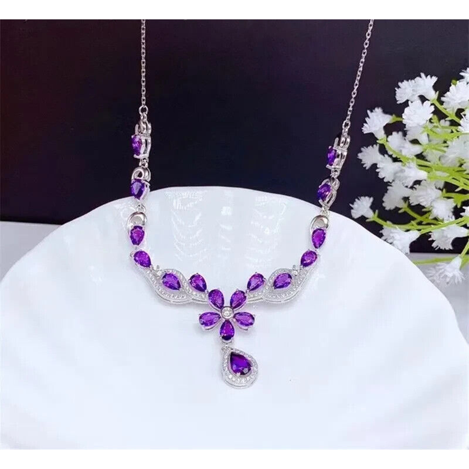 Natural Amethyst Statement Necklace, Amethyst Flower Necklace 925 Sterling
