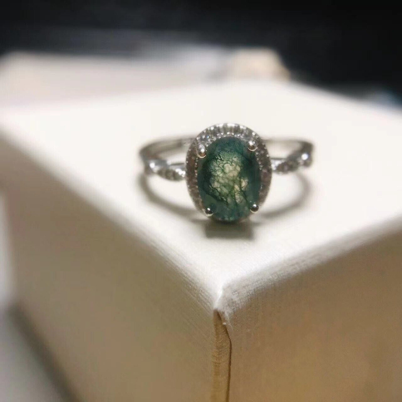 Moss Agate 925 Sterling Silver Ring, 6x8 Natural Moss Agate