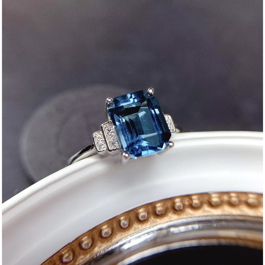 Emerald Cut London Blue Topaz Ring 925 Sterling Silver, London Blue Topaz 7x9mm