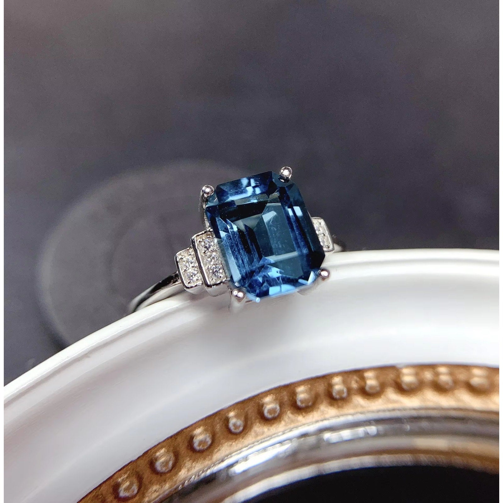 Emerald Cut London Blue Topaz Ring 925 Sterling Silver, London Blue Topaz 7x9mm