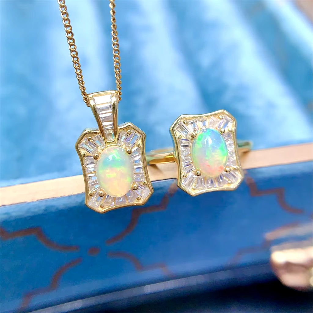 Fire Opal Jewelry Set, Natural Opal Necklace and Ring Set 5x7mm Sterling