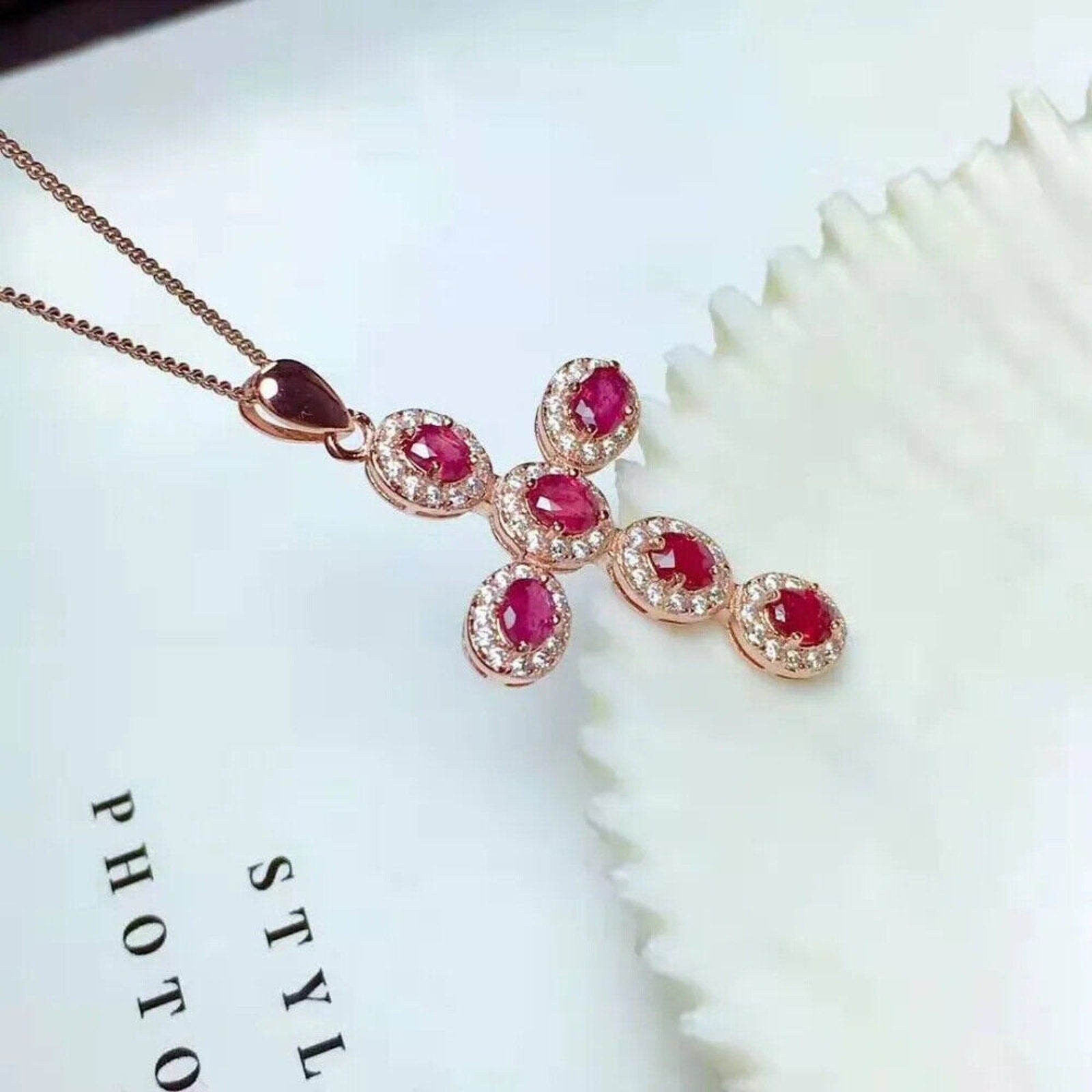 Natural Gemstone Cross Necklace, Ruby, Sapphire, Emerald, Moonstone, Aquamarine