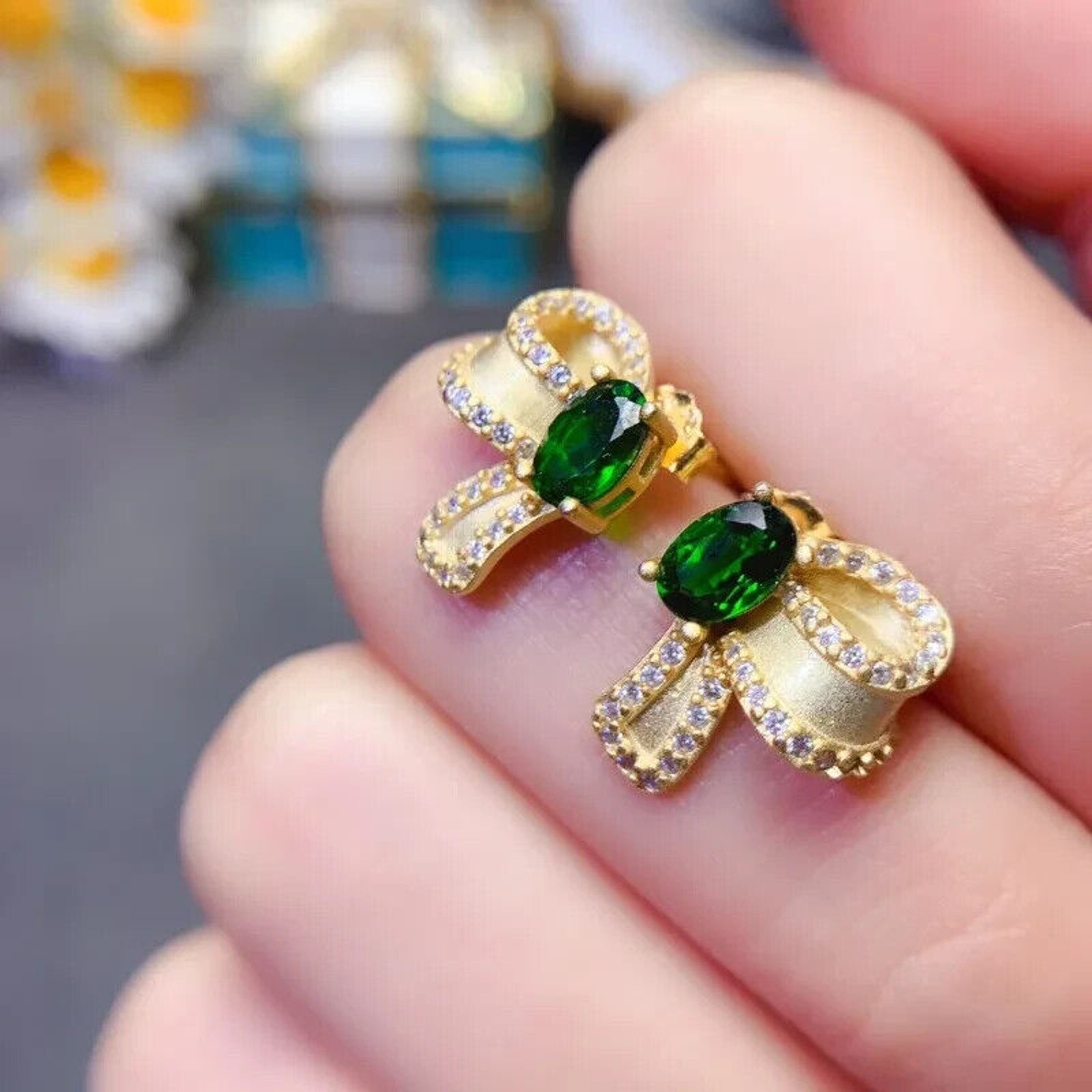 Chrome Diopside Bowknot Stud Earrings, Chrome Diopside Gold Stud Earrings 4x6mm
