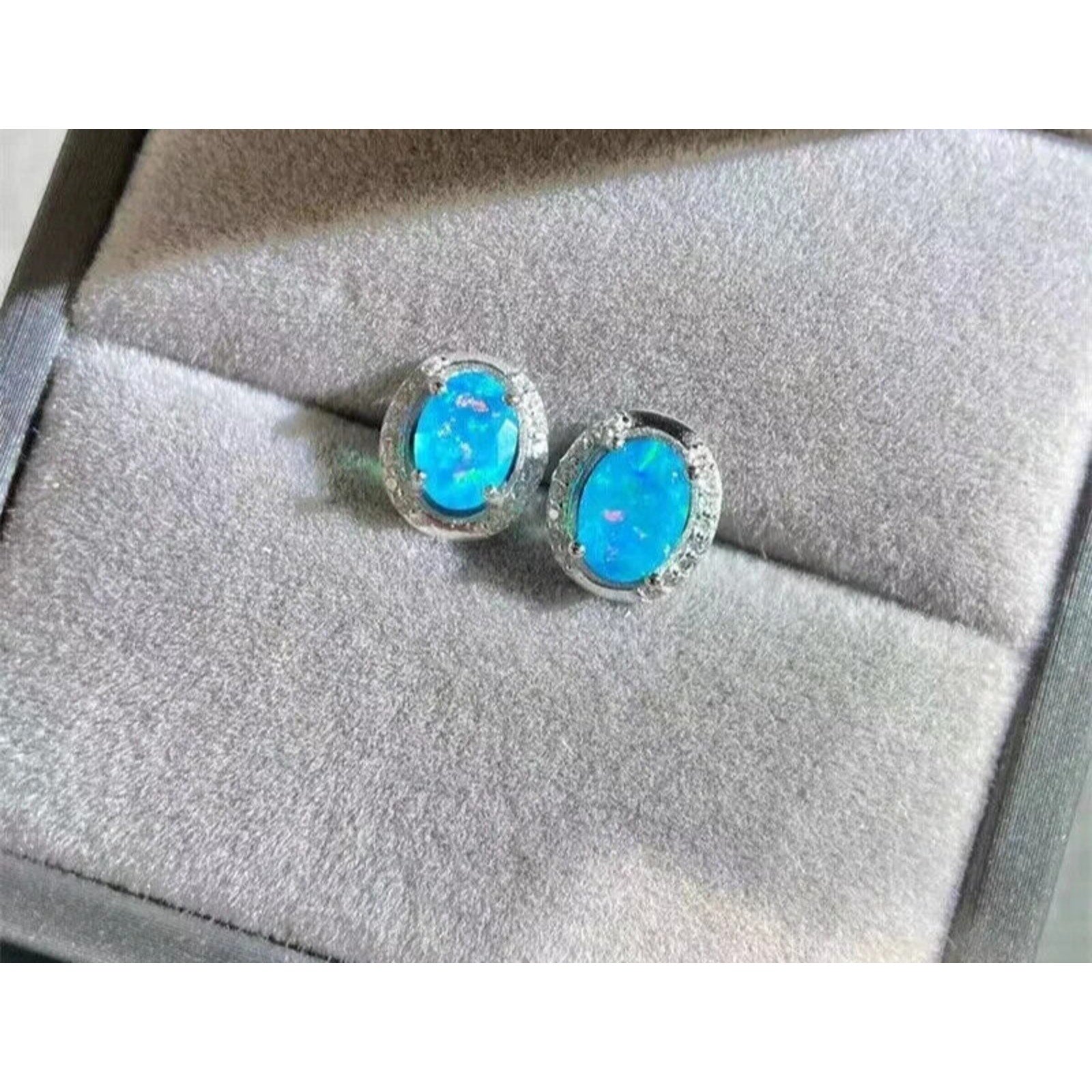 Blue Opal Stud Earrings, Natural Blue Fire Opal Stud Earrings 925 Sterling