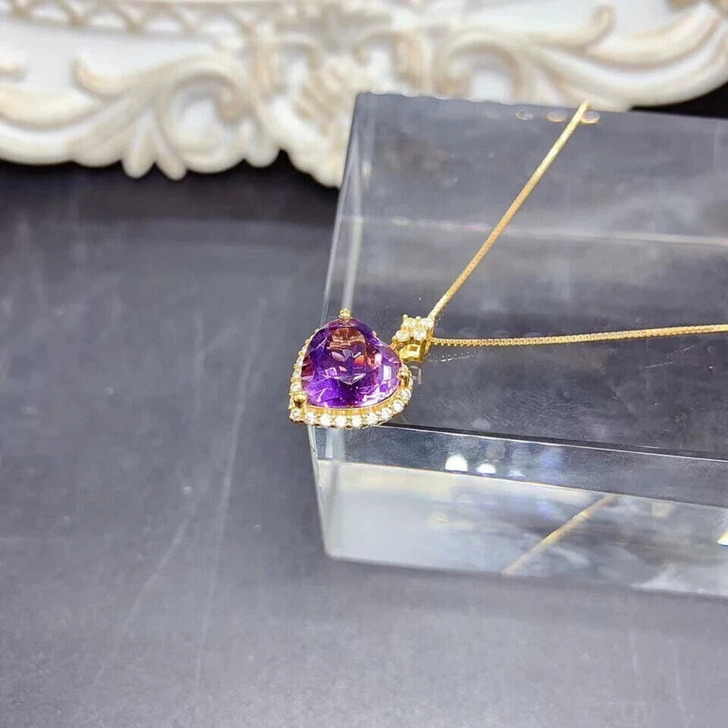 Natural Amethyst Heart Pendant Necklace, Amethyst Heart Necklace 8mm 925 Silver