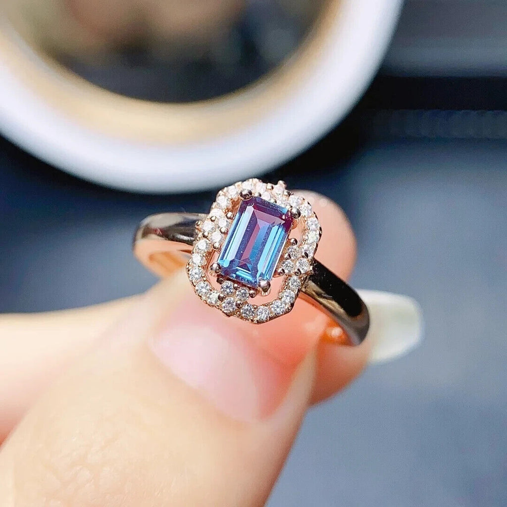 Alexandrite Gemstone Ring Emerald Cut, Lab Created Alexandrite Ring 925 Sterling