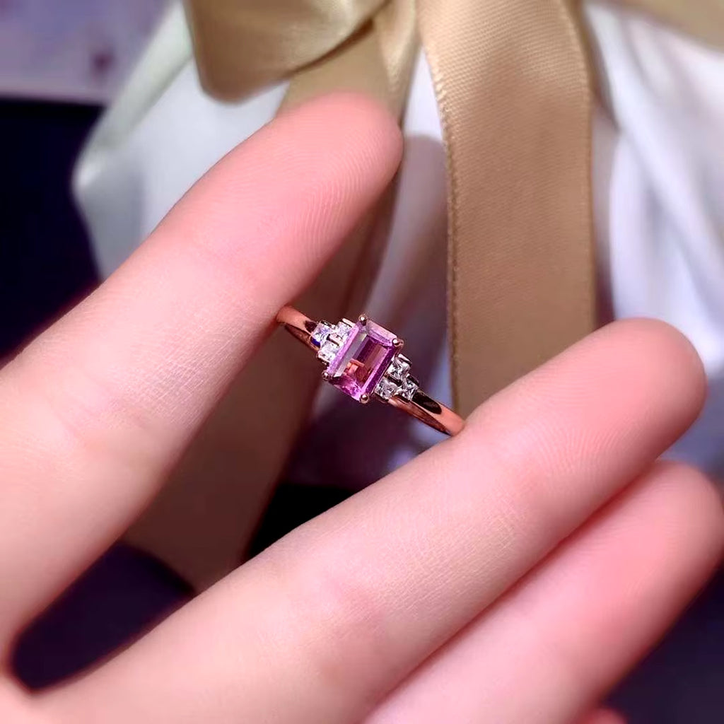 Pink Tourmaline Ring, Emerald Cut Pink Tourmaline Gemstone Ring