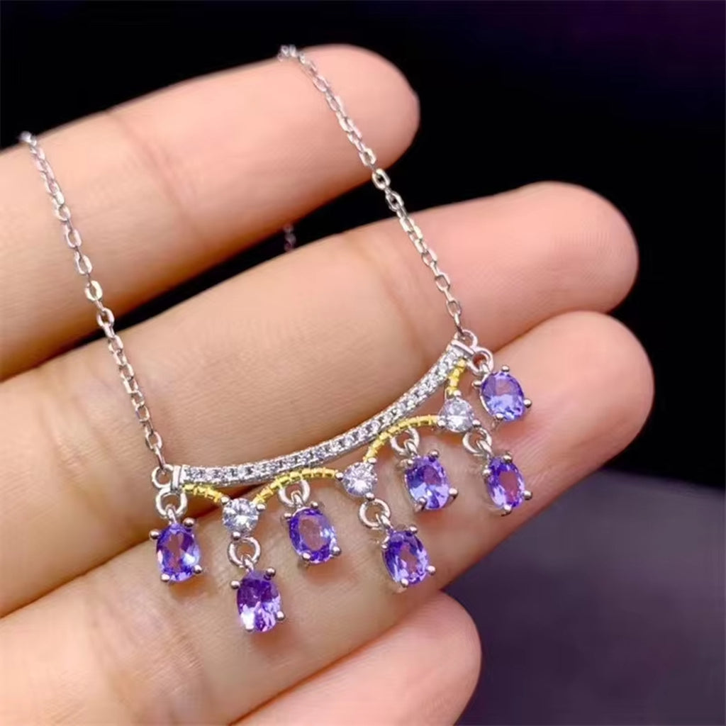Tanzanite Necklace, Dainty Purple Tanzanite Charm Necklace Sterling Silver 3x4mm