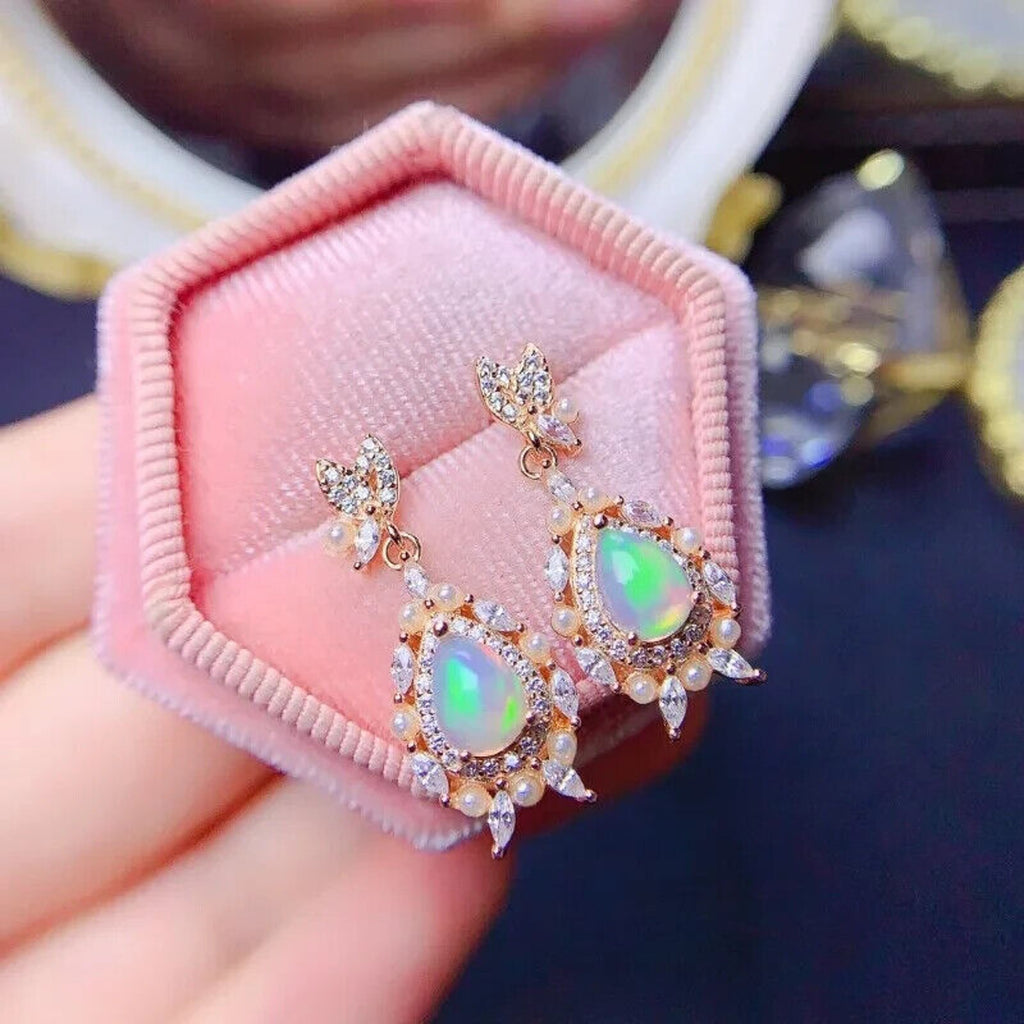 Vintage Opal Dangle Earrings, Natural Fire Opal Dangle Earrings Sterling Silver