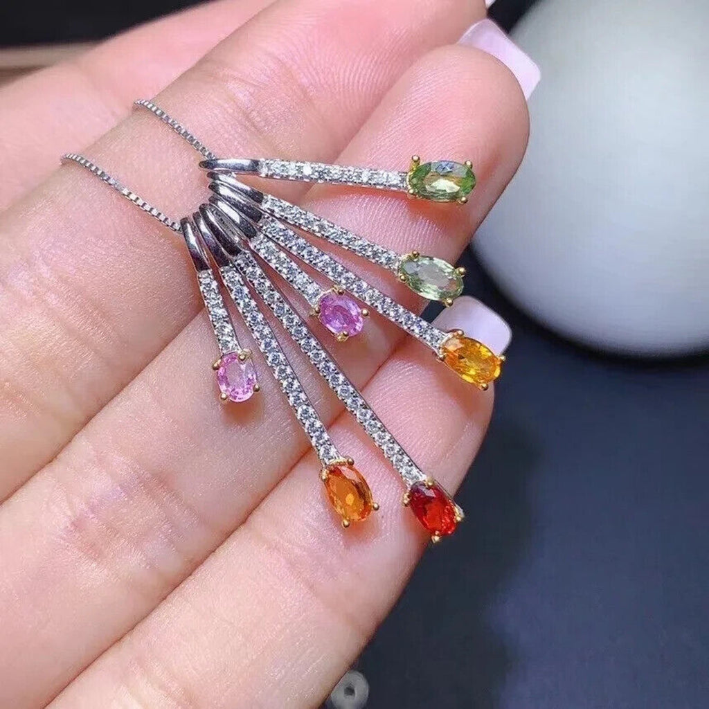 Natural Multicolor Sapphire Necklace – 925 Sterling Silver | Adjustable Women’s Gemstone Jewelry