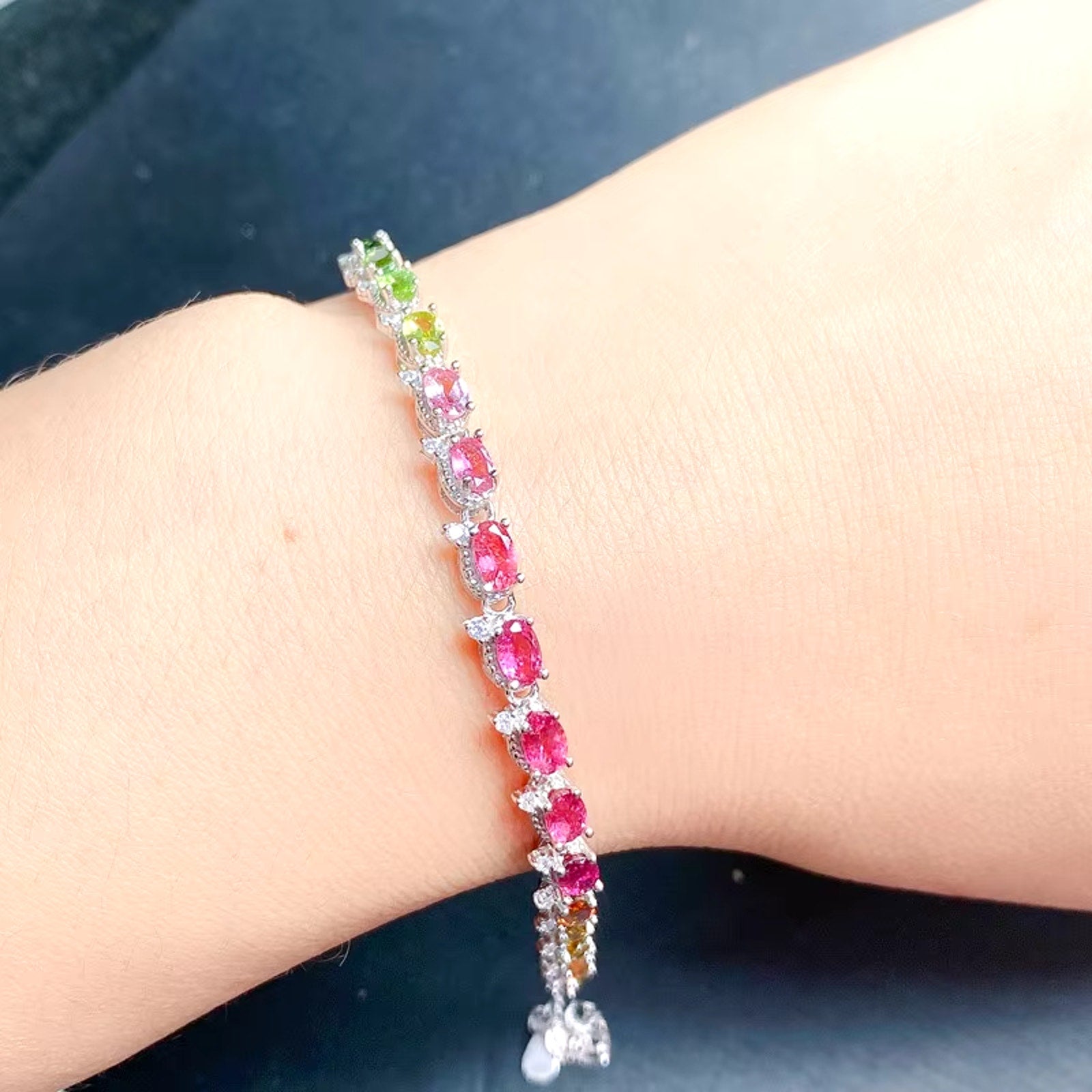 Natural Brazilian Tourmaline Tennis Bracelet, Tourmaline Bracelet 925 Sterling