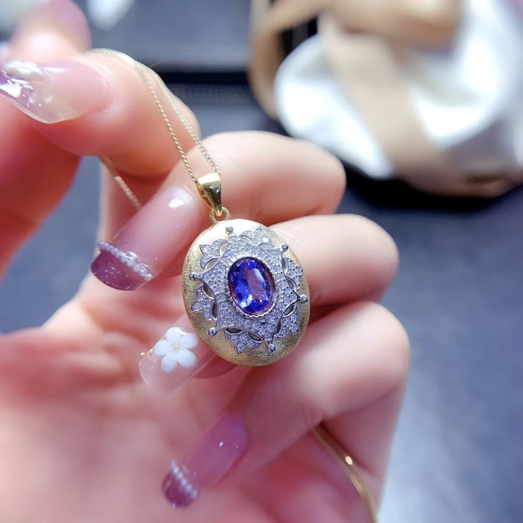 Tanzanite Pendant Necklace, Natural Purple Tanzanite Gemstone Necklace 6x8mm