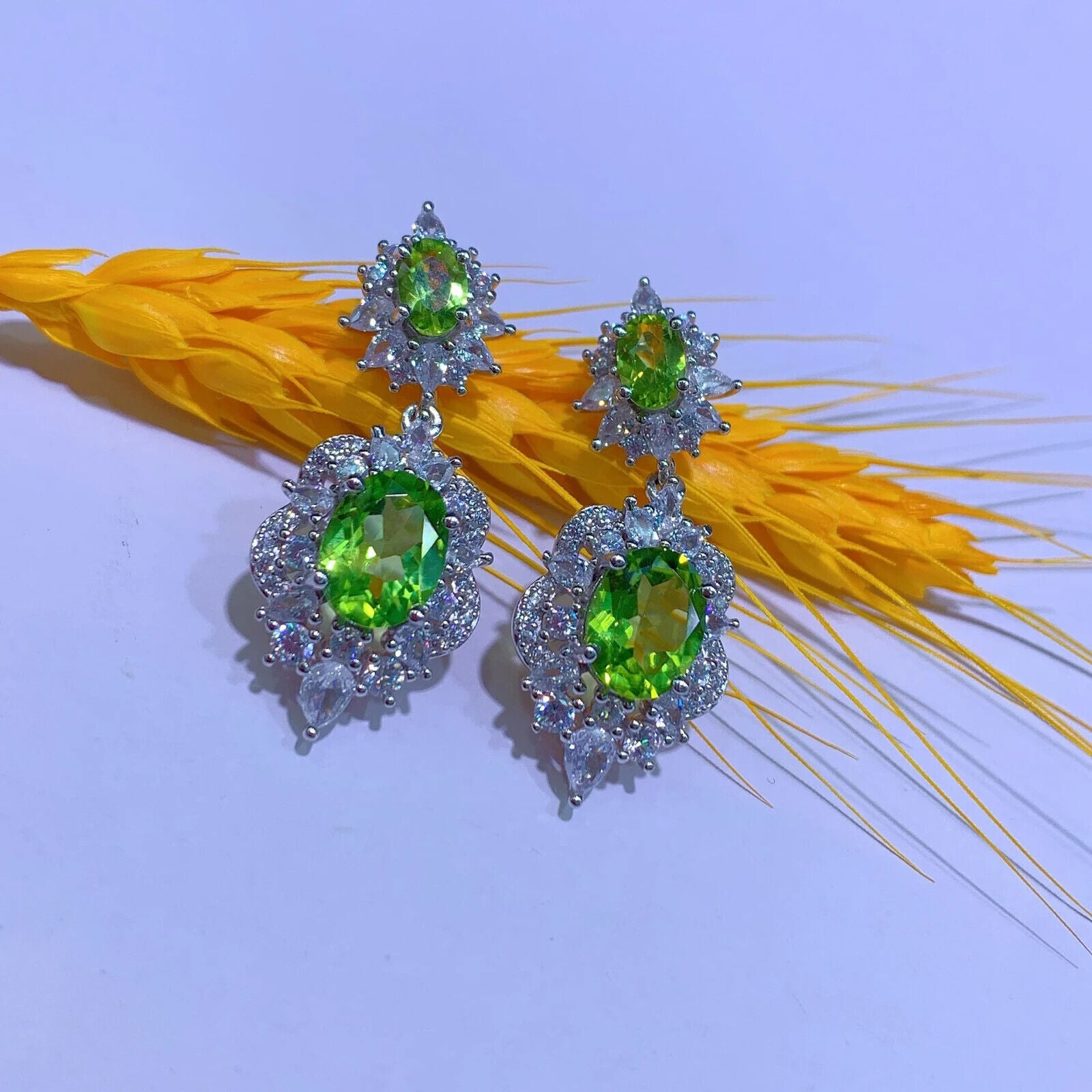 Peridot Birthstone Dangle Earrings, Natural Peridot Statement Earrings Silver