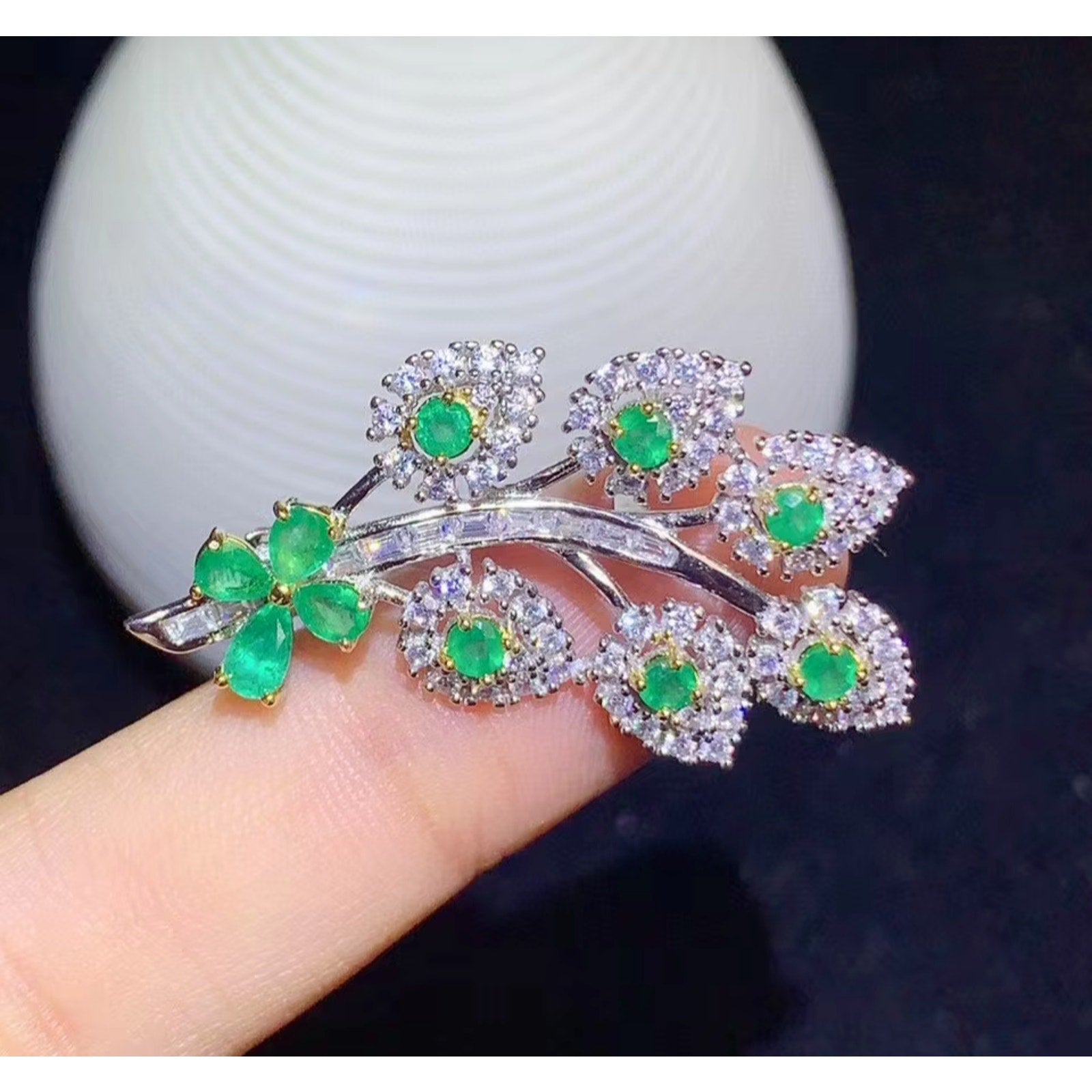 Natural Emerald Brooch Pin, Womens Emerald Flower Brooch Sterling Silver