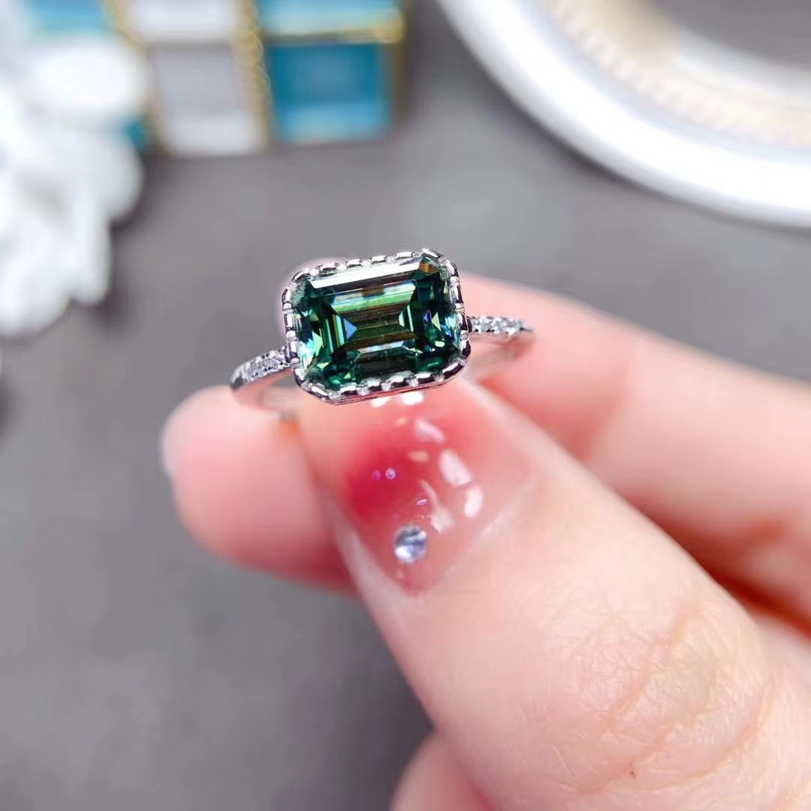 Emerald Cut Moissanite, Green Emerald Cut Moissanite Ring, Green Moissanite Rings, Moissanite, Green Moissanite Ring, 2 Carat Moissanite RIng, Moissanite Ring, Moissanite, VVS1 Miossanite, Gray Moissanite, White Moissanite, Solitaire Moissanite Ring, Round Brilliant Cut Moissanite Ring, Moissanite Ring, Round Brilliant Cut, 5 Carat Moissanite Ring, Moissanite Jewelry