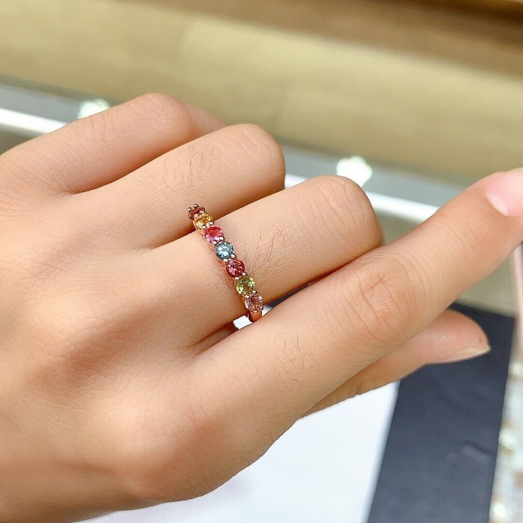 Natural Tourmaline Gemstone Band Ring, Women's Multicolor Tourmaline Band Ring
