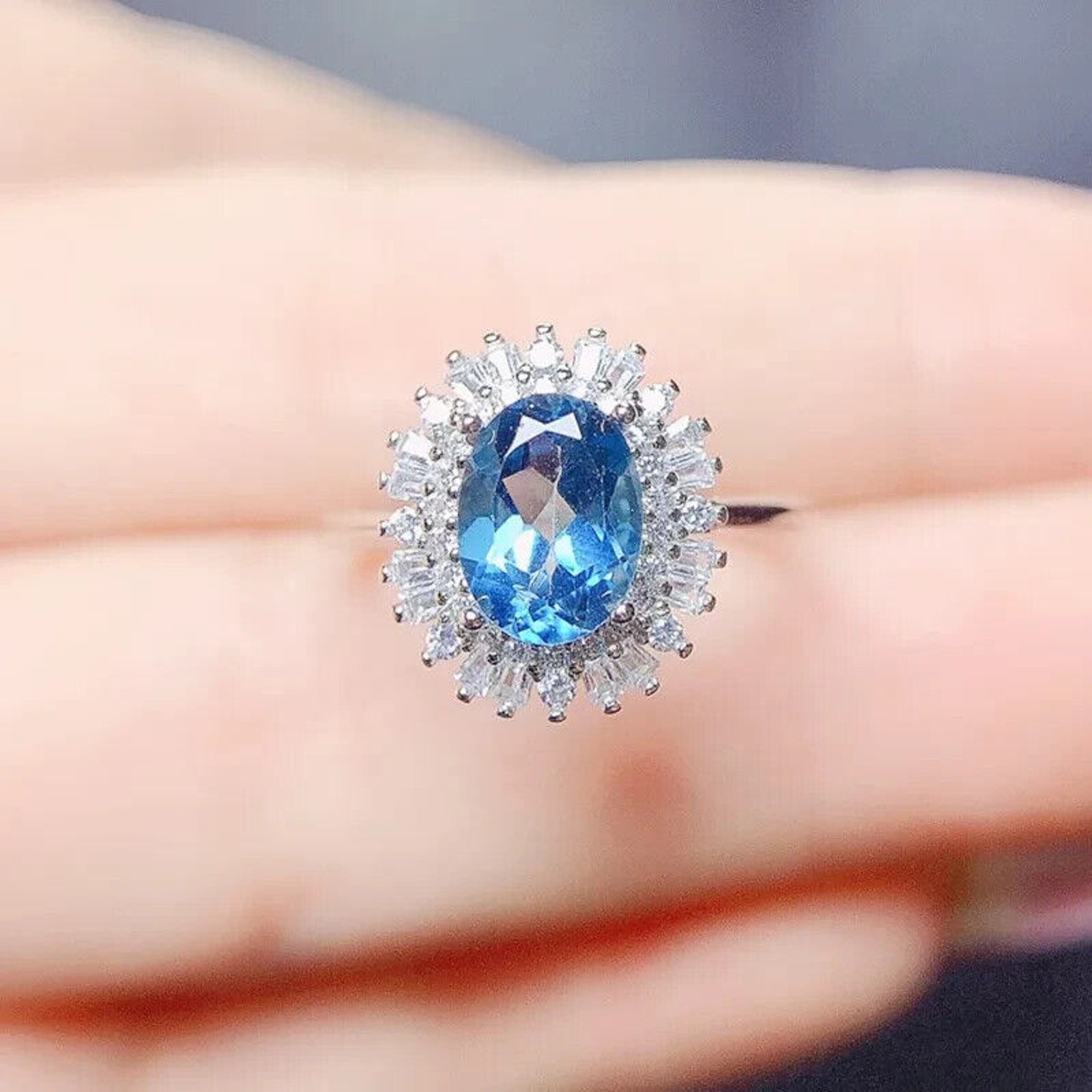 Swiss Blue Topaz Statement Ring, Natural Blue Topaz Gemstone Ring 6x8mm 1.6CT