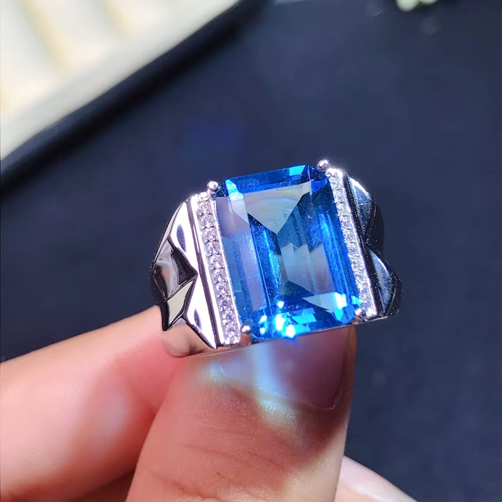 Mens Emerald Cut Blue Topaz Ring 925 Sterling Silver VVS Grade 10x14mm