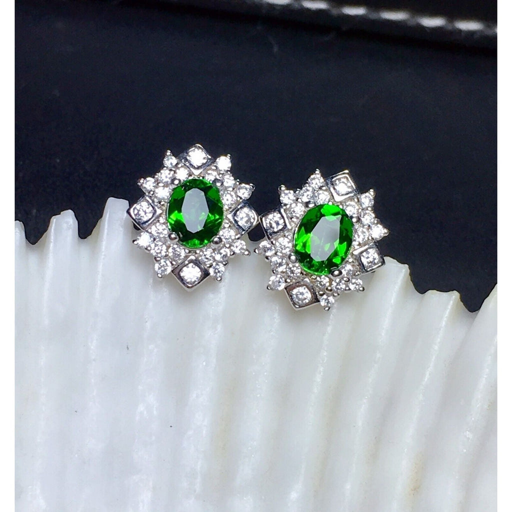 Natural Chrome Diopside Stud Earrings VVS Grade Platinum Plated Sterling Silver