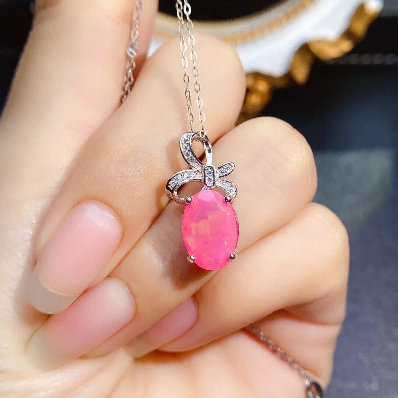 Pink Fire Opal Pendant Necklace 8x12mm, Natural Pink Fire Opal Necklace