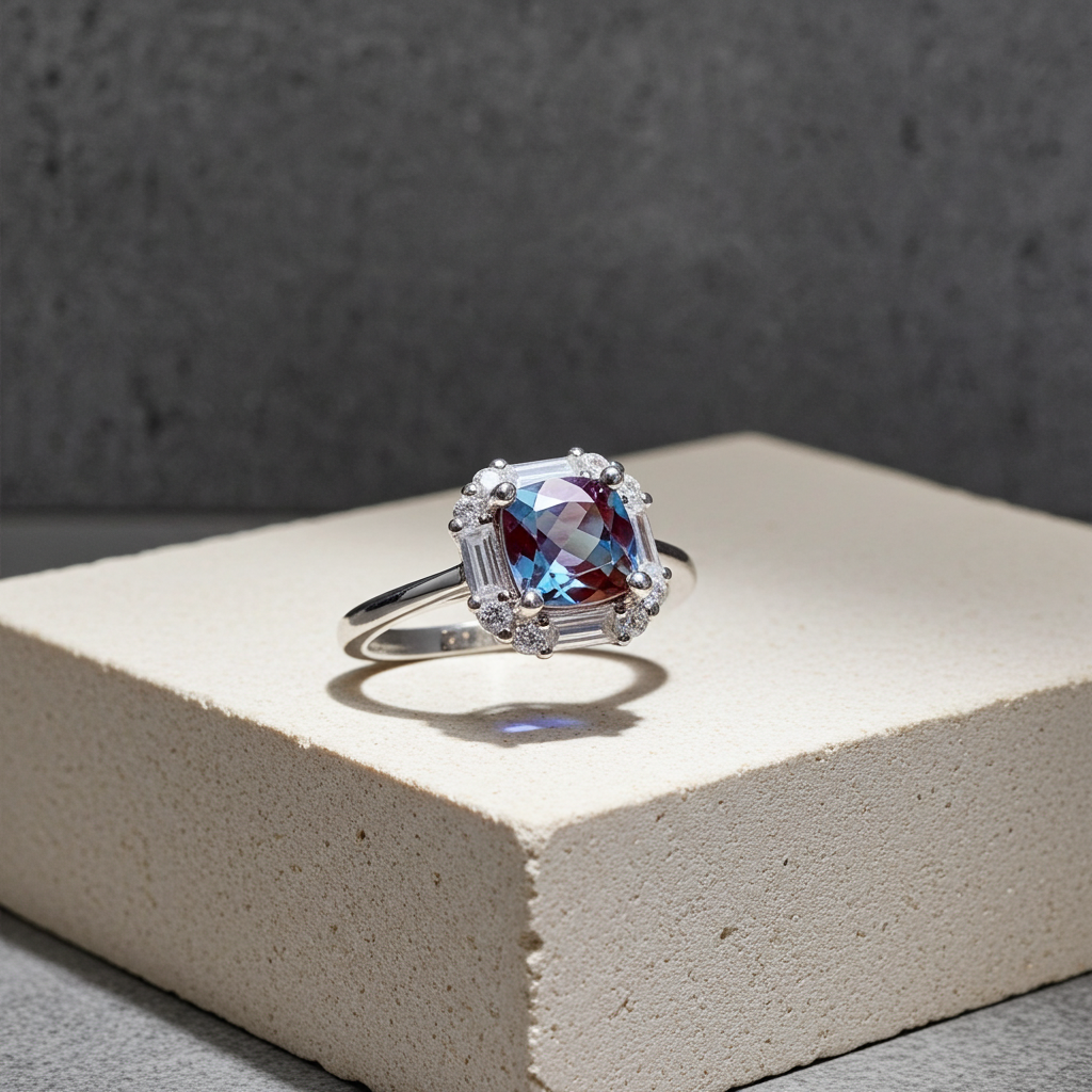 Cushion Cut Lab Alexandrite Gemstone Ring 6mm