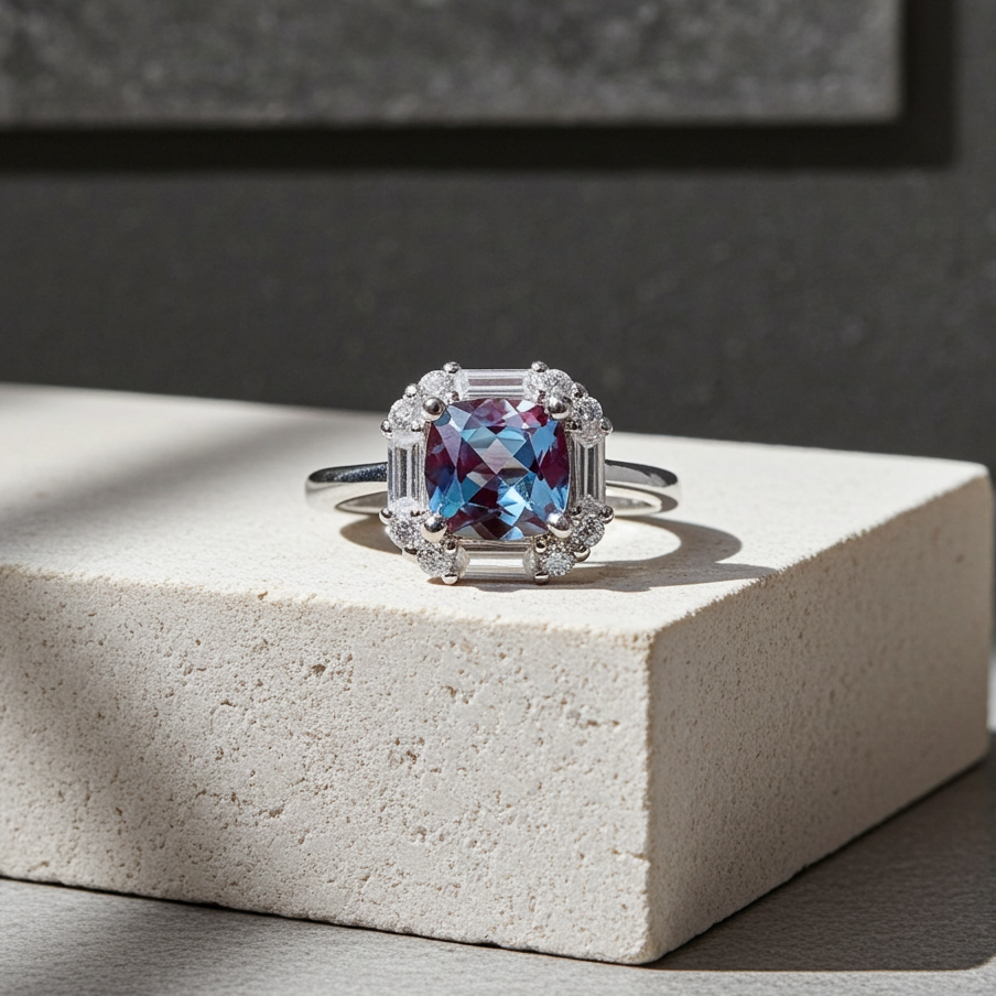 Cushion Cut Lab Alexandrite Gemstone Ring 6mm