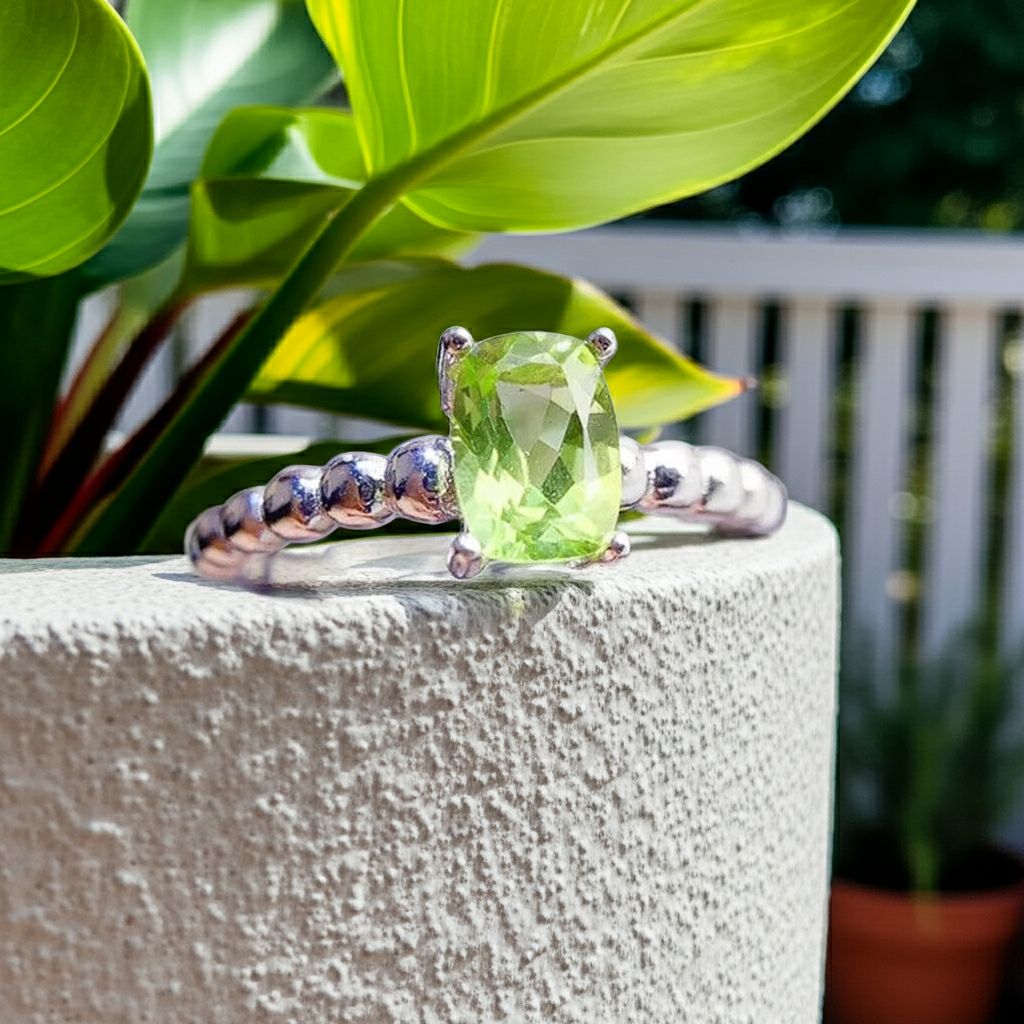 Natural Peridot Gemstone Ring 5x7mm, August Birthstone Peridot Ring