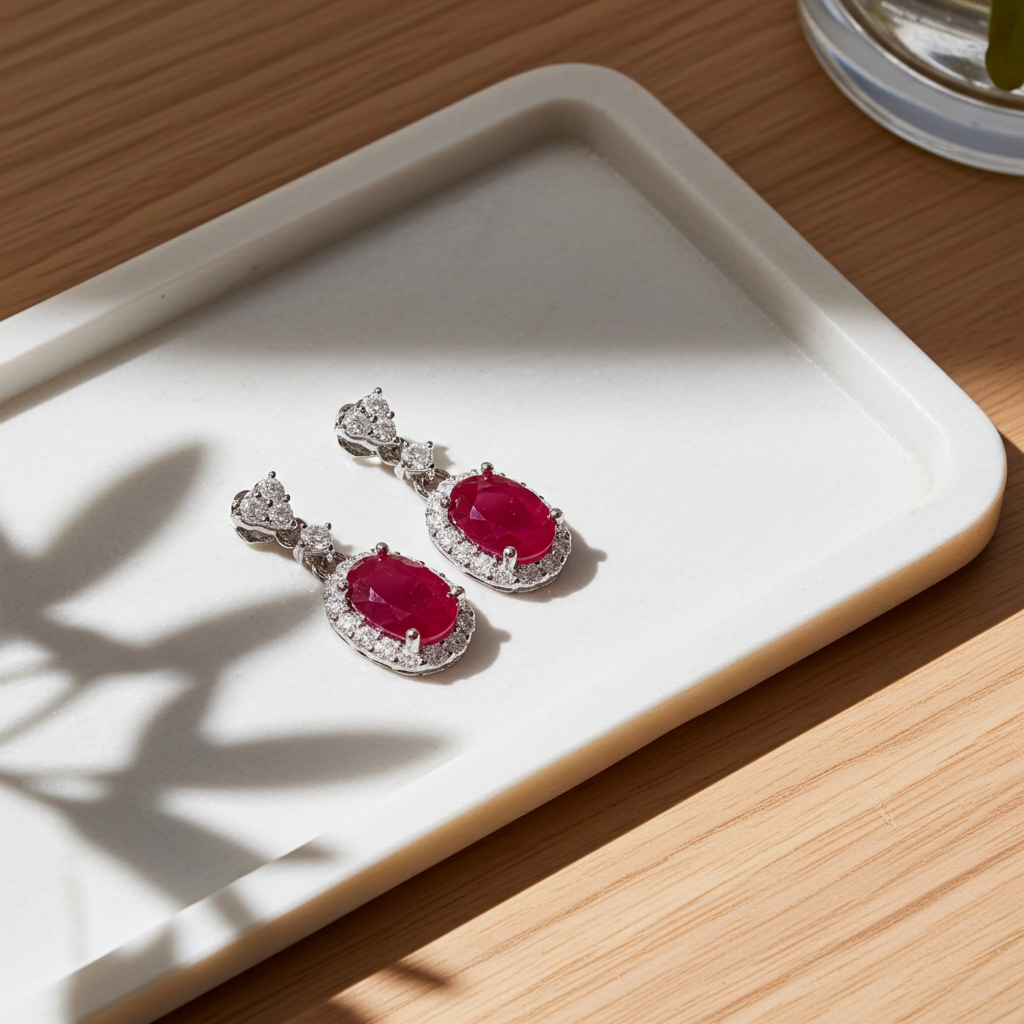 Delicate Ruby Dangle Earrings 925 Sterling Silver 5x7mm