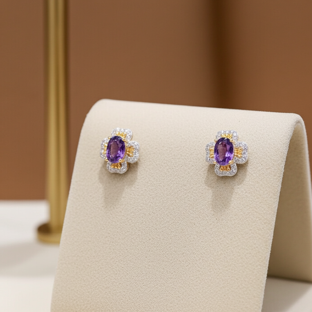 1 Carat Amethyst Flower Stud Earrings 925 Sterling Silver