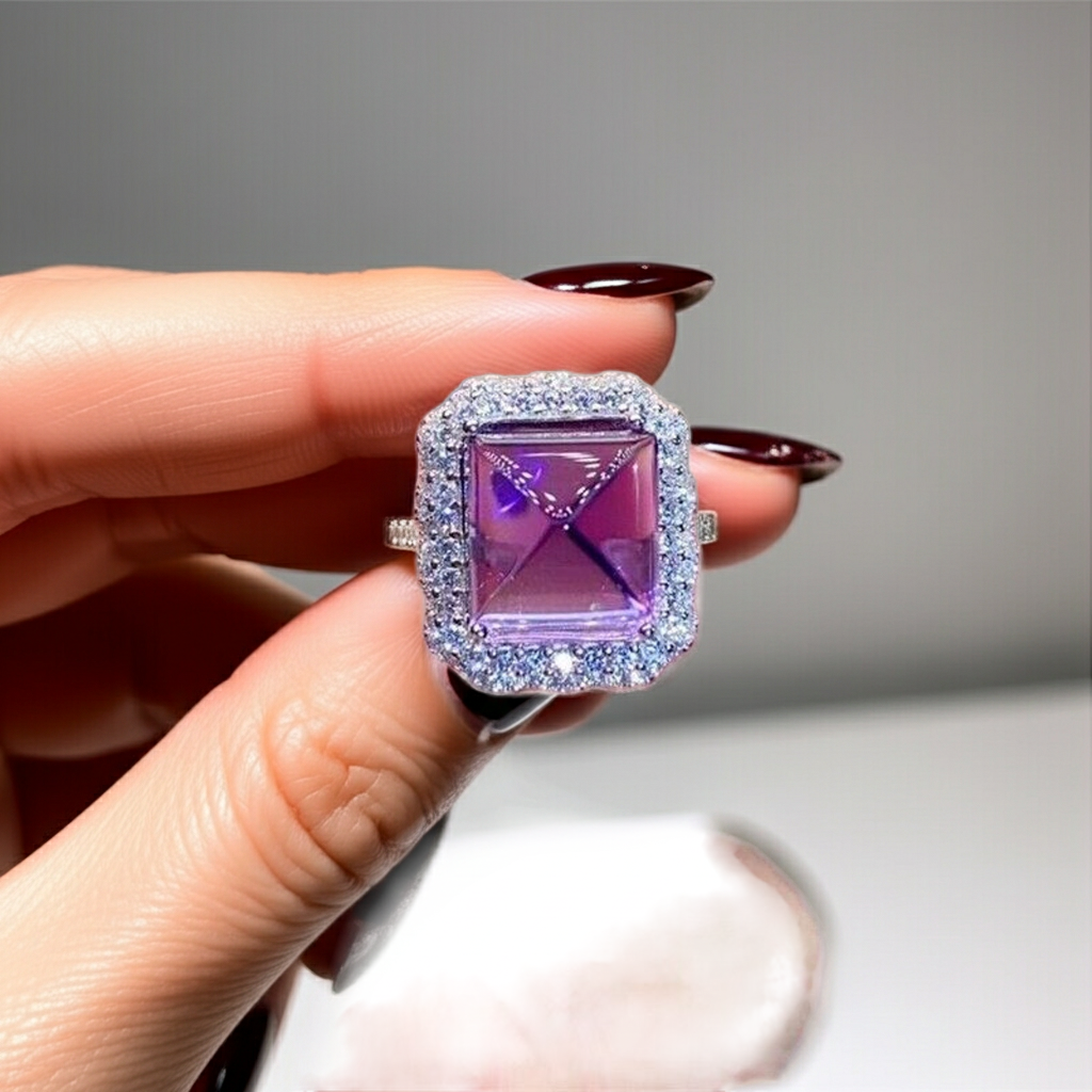 5 Carat Sugarloaf Cut Amethyst Gemstone Ring 925 Sterling Silver
