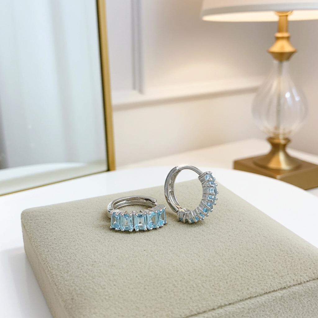 Sky Blue Topaz Hoop Earrings 3x4mm Platinum Plated