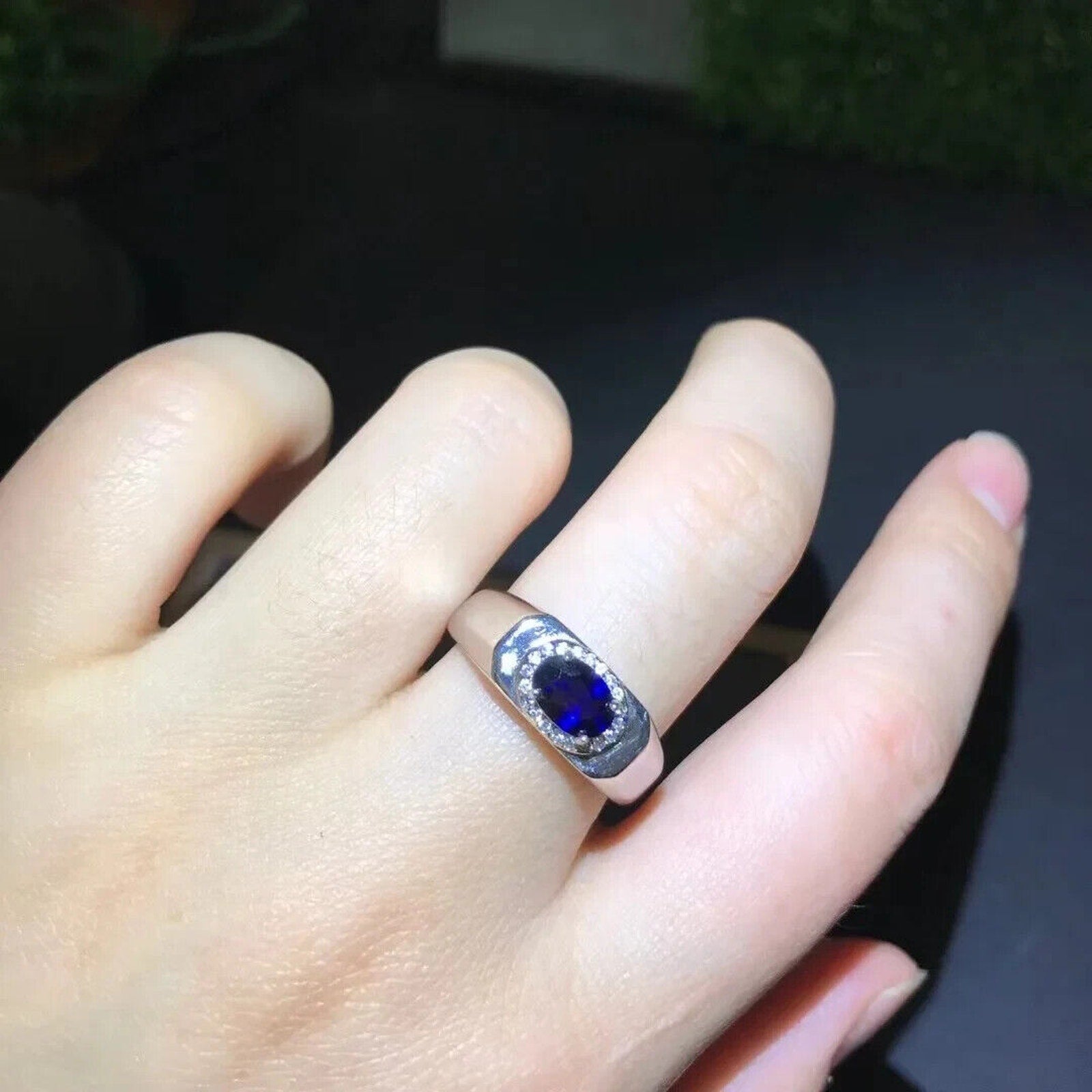 Mens Natural Sapphire Ring 4x6mm, Mens Sapphire Ring Sterling Silver