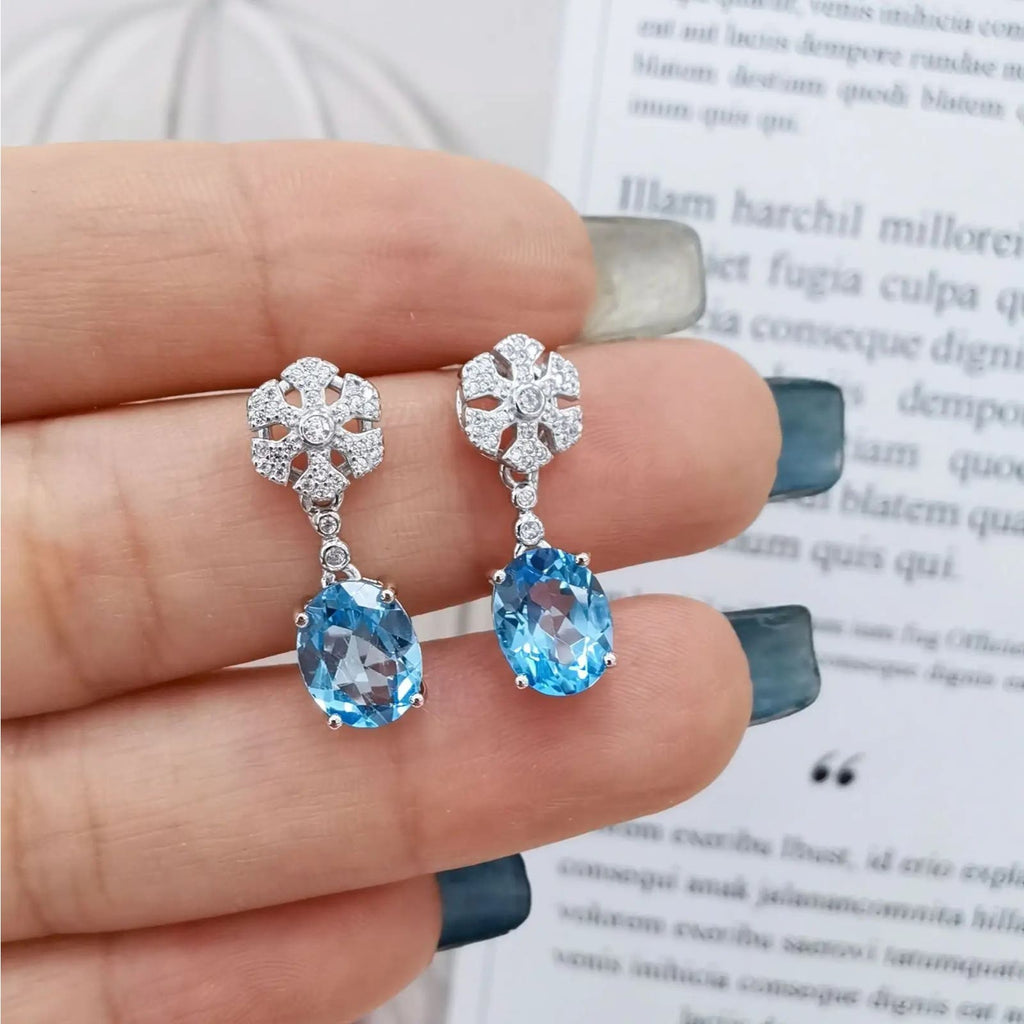 Swiss Blue Topaz Gemstone Dangle Earrings 6x8mm