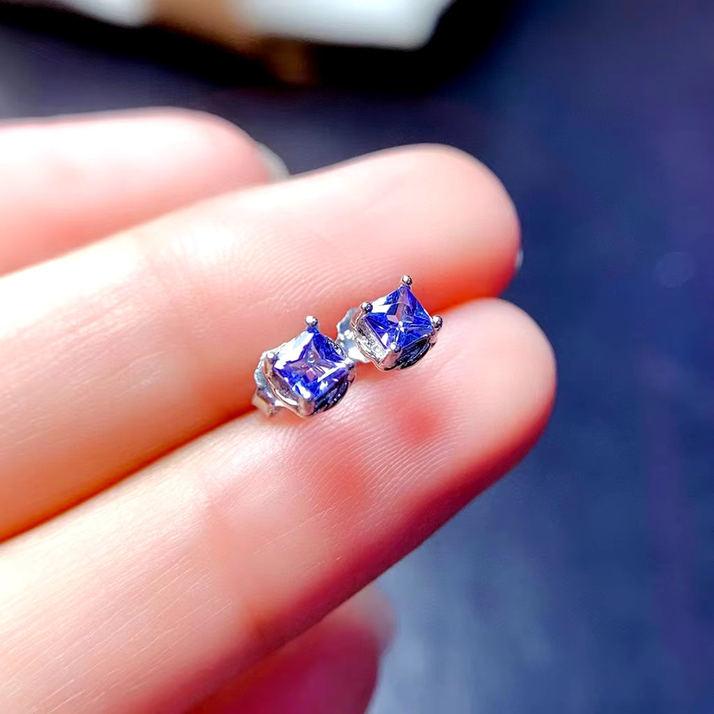 Natural Tanzanite Stud Earrings, Purple Tanzanite Earrings Sterling Silver