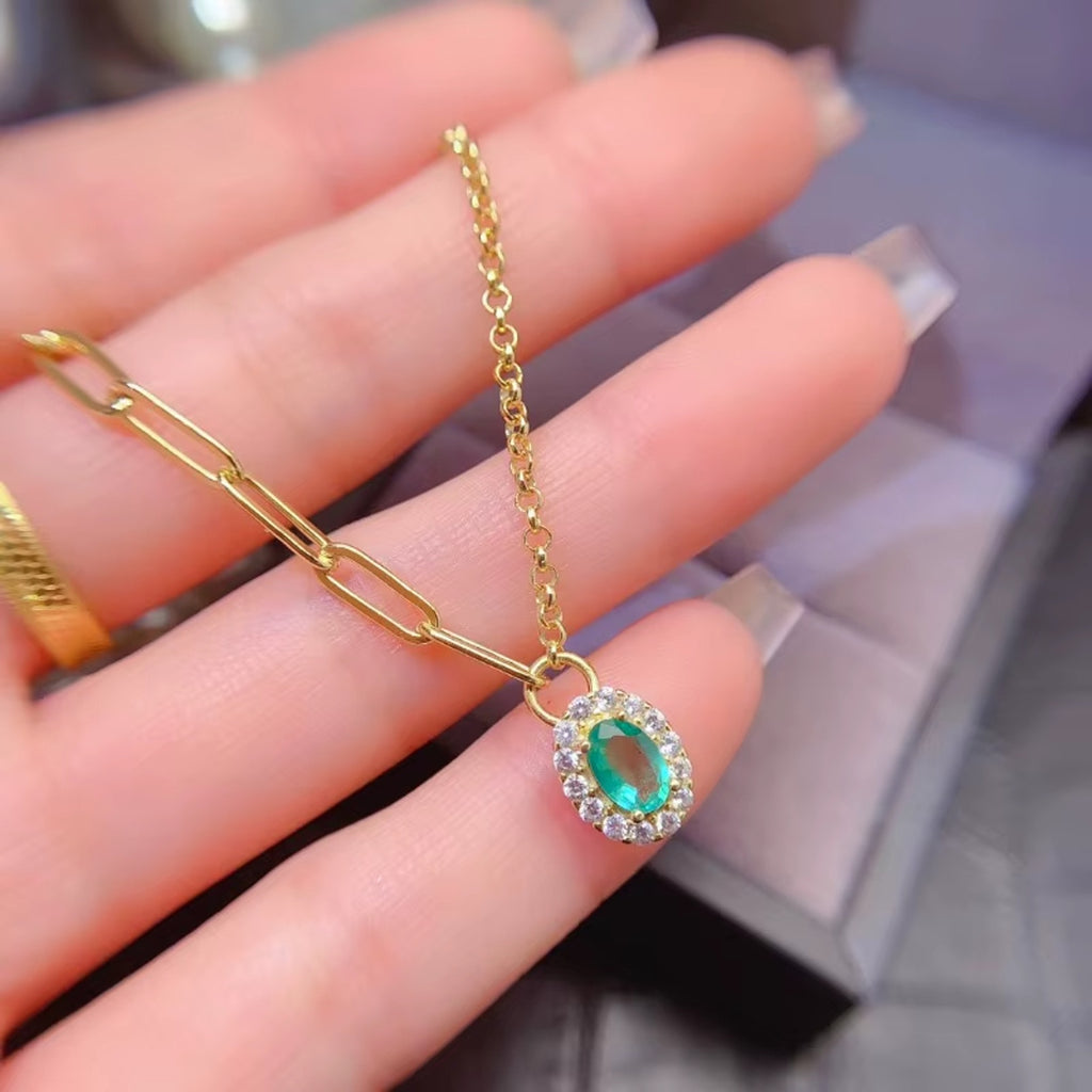 Emerald Pendant Necklace, Paperclip Chain Necklace with 4x6mm Emerald