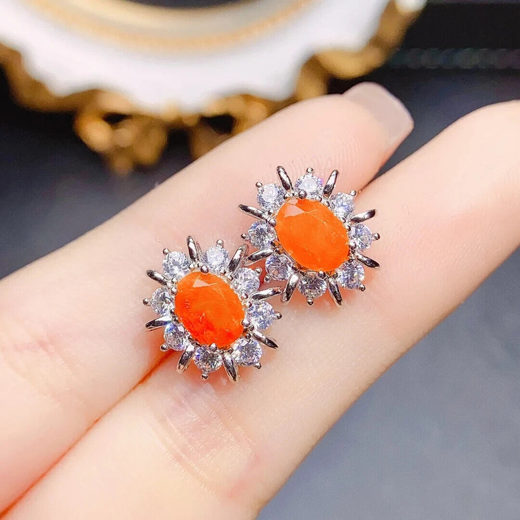 Orange Fire Opal Stud Earrings 5x7mm, Natural Orange Fire Opal Earrings