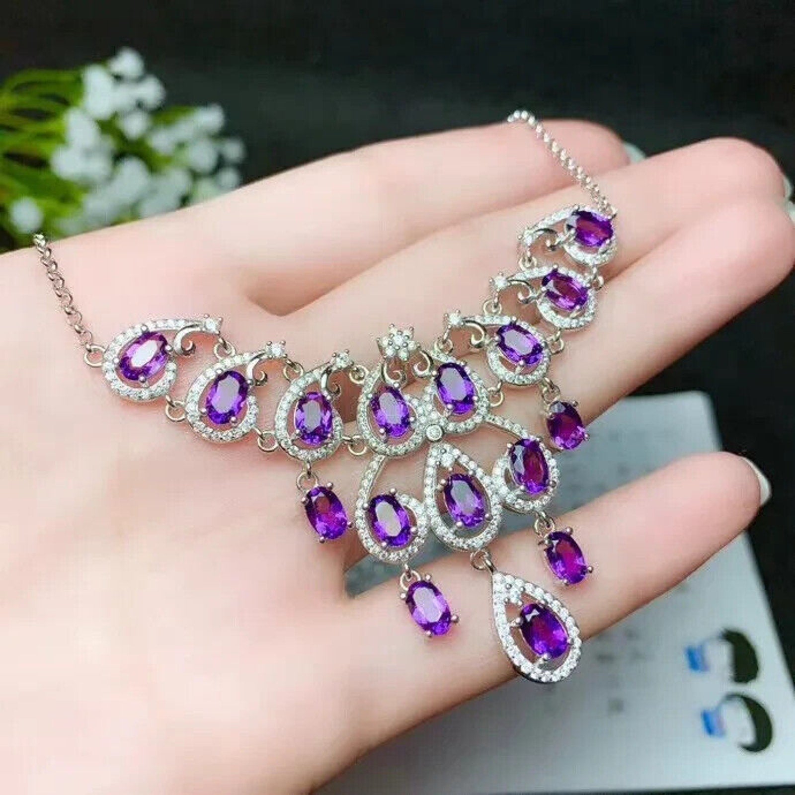 Amethyst Statement Necklace, Natural Amethyst Gemstone Necklace 925 Sterling