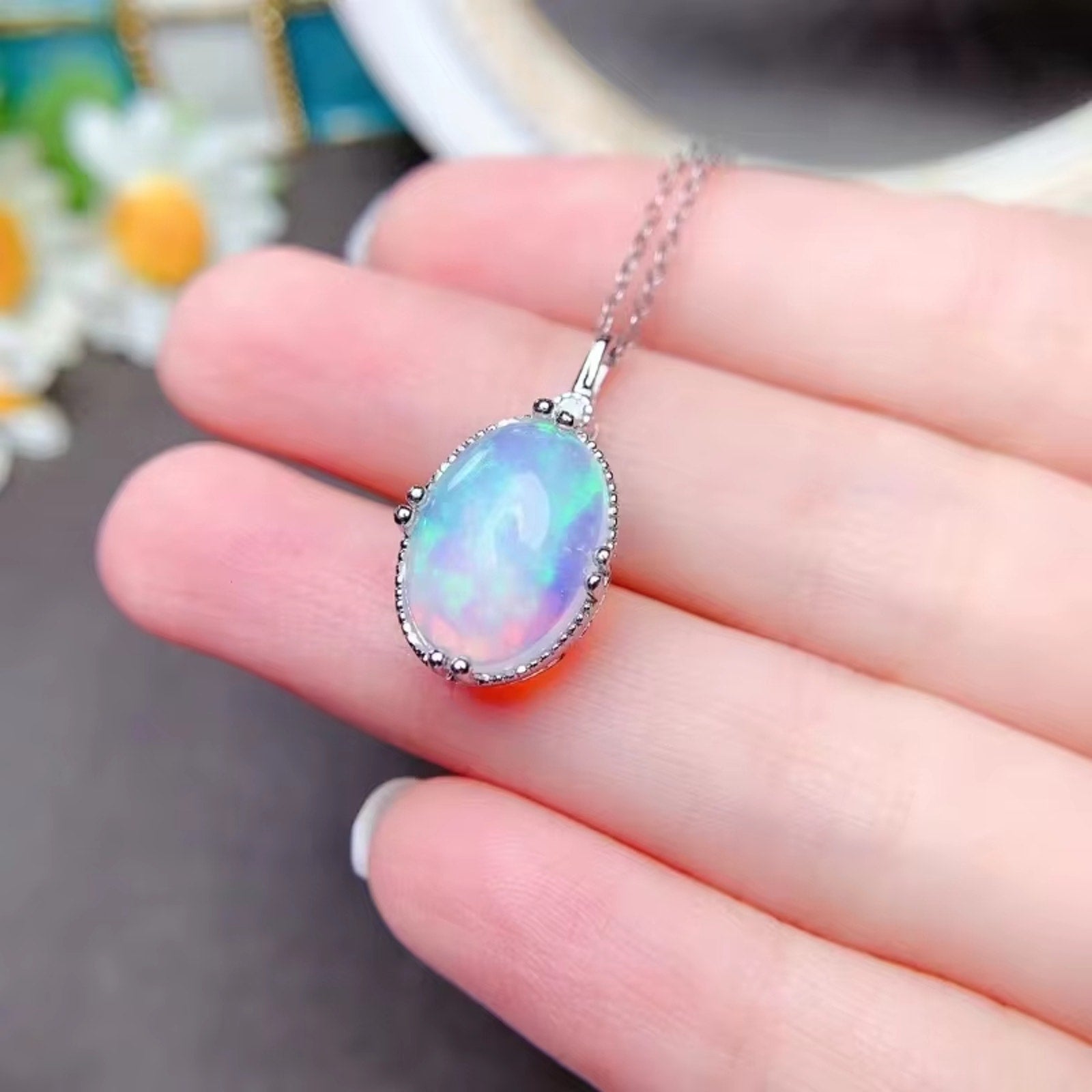 Natural Fire Opal Pendant Necklace, Women's Opal Pendant Necklace 10x14mm