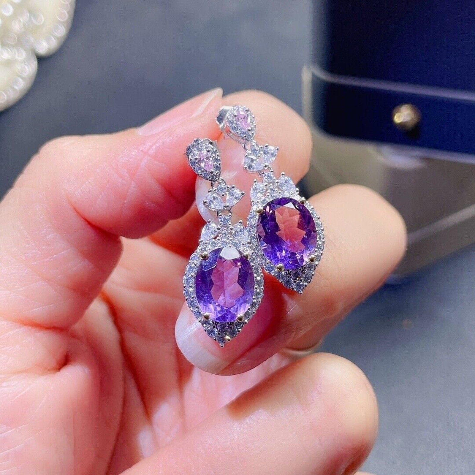 8x10mm Genuine Amethyst Drop Dangle Earrings, Oval Cut Amethyst Earrings