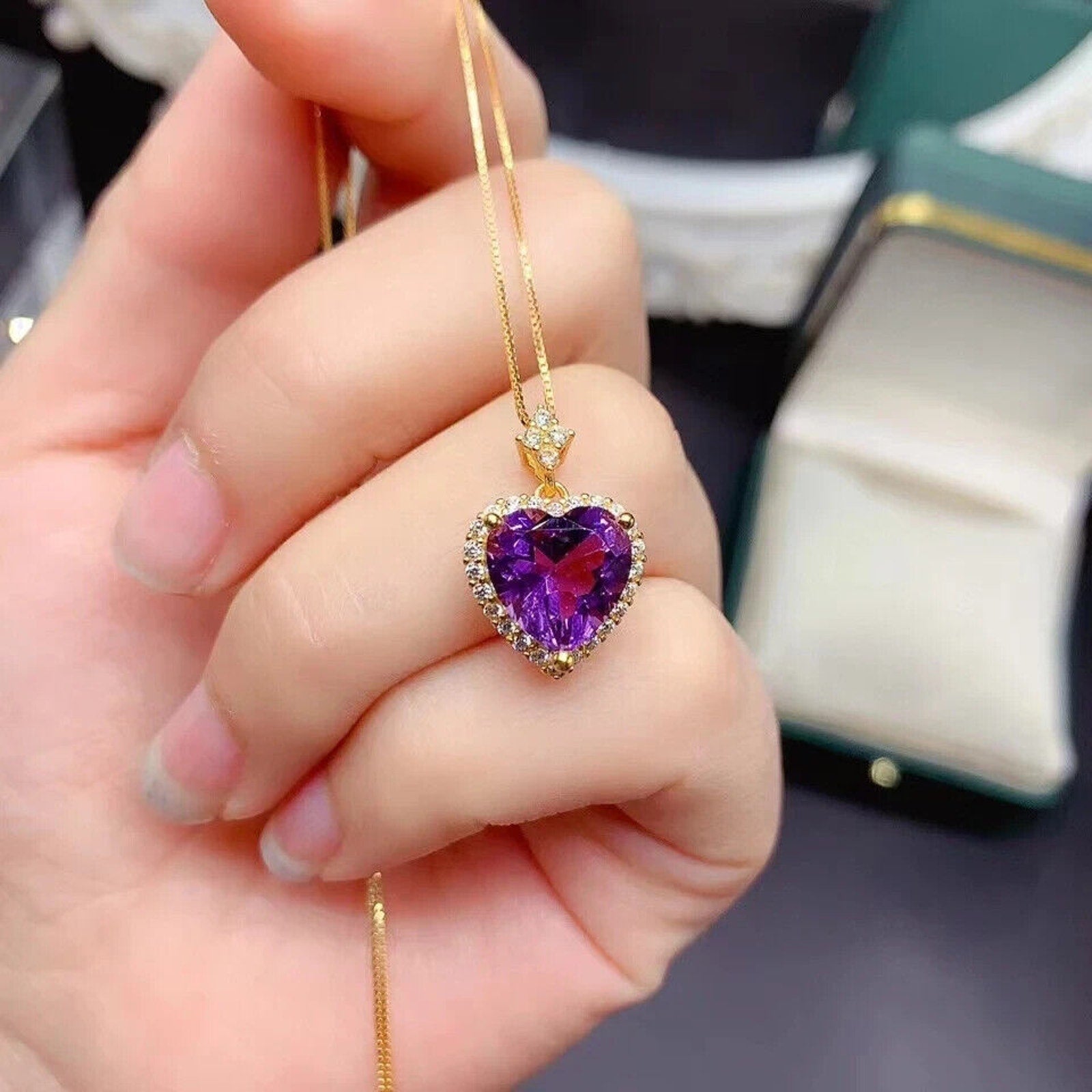 Natural Amethyst Heart Pendant Necklace, Amethyst Heart Necklace 8mm 925 Silver