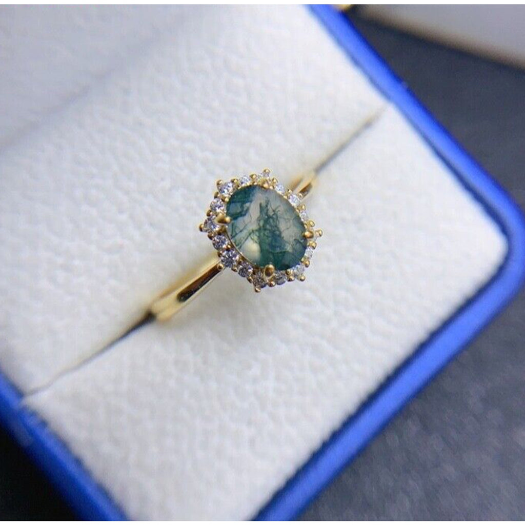 Moss Agate Gemstone Ring 6x8mm 925 Sterling Silver
