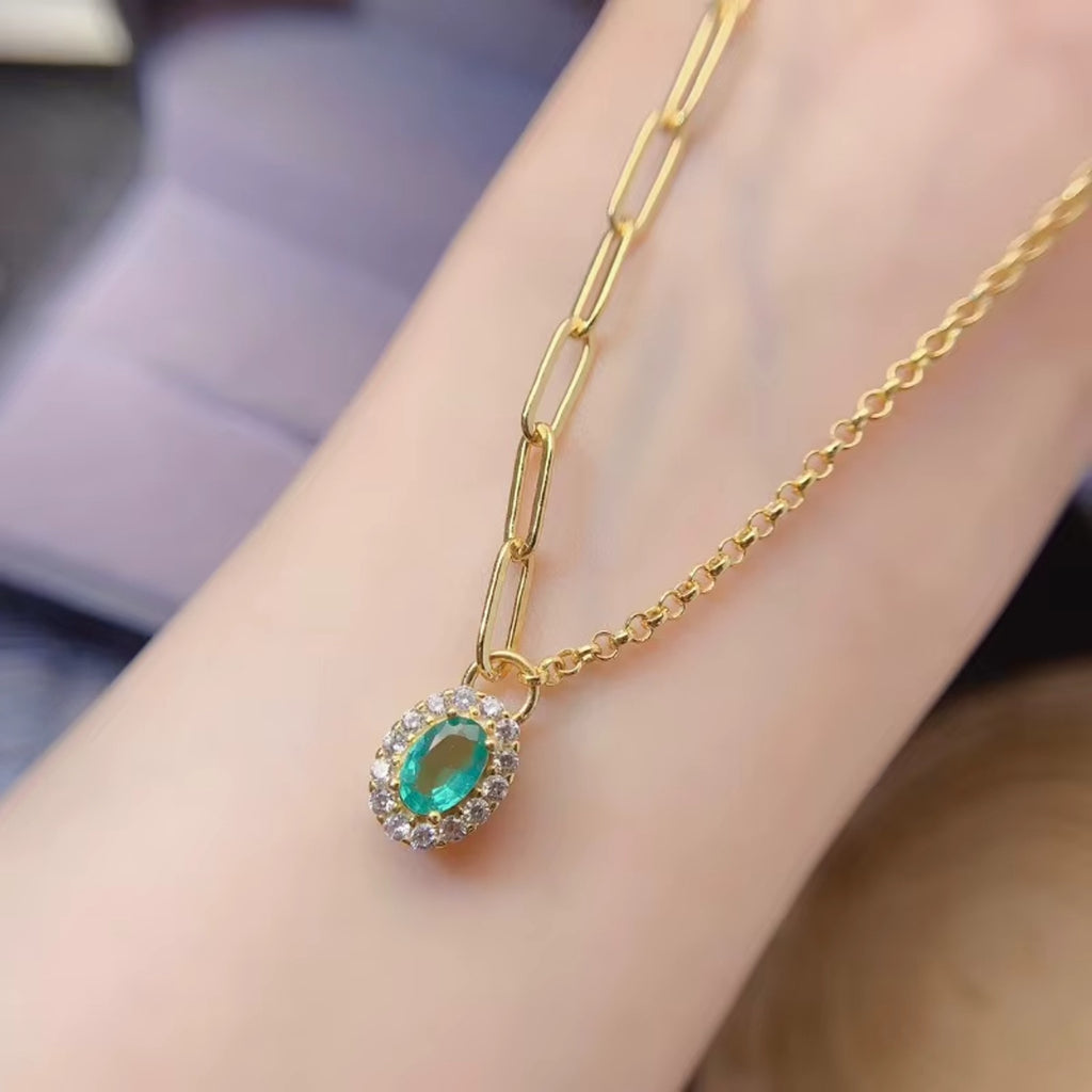 Emerald Pendant Necklace, Paperclip Chain Necklace with 4x6mm Emerald