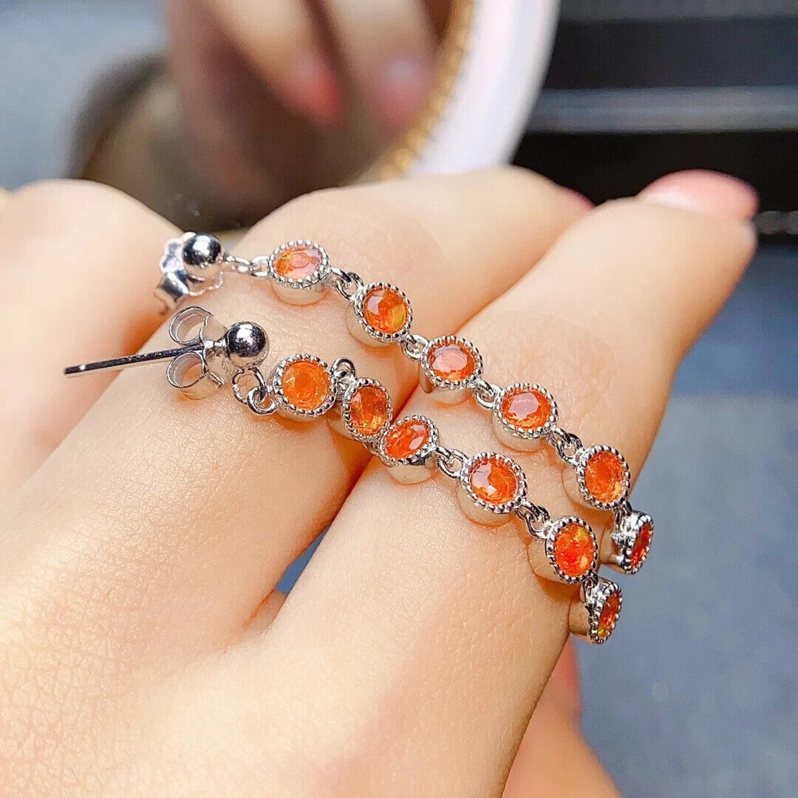 Orange Fire Opal Long Dangle Earrings, Colorful Orange Opal Dangle Earrings