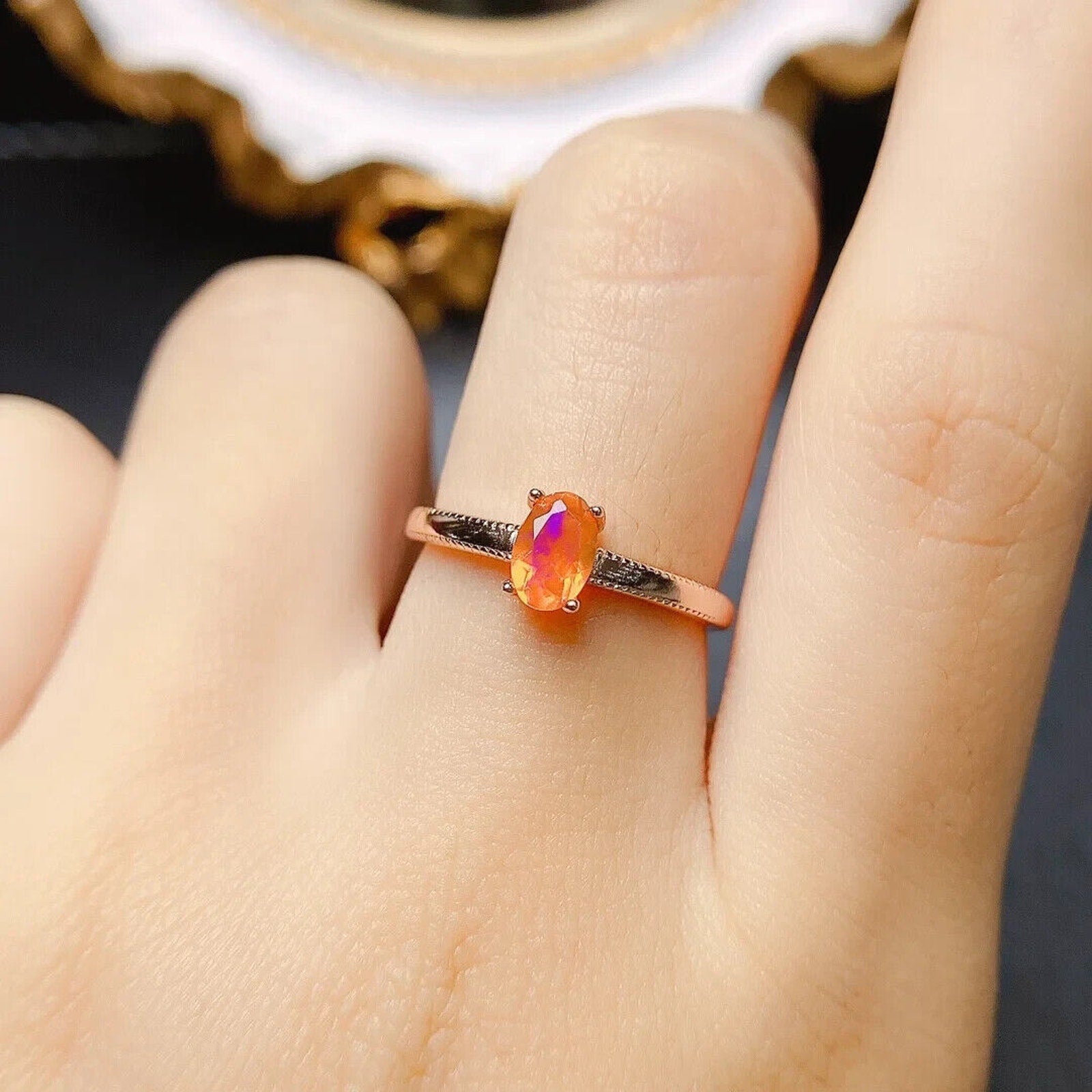 Dainty Orange Fire Opal Cocktail Ring, Natural Orange Fire Opal Gemstone Ring
