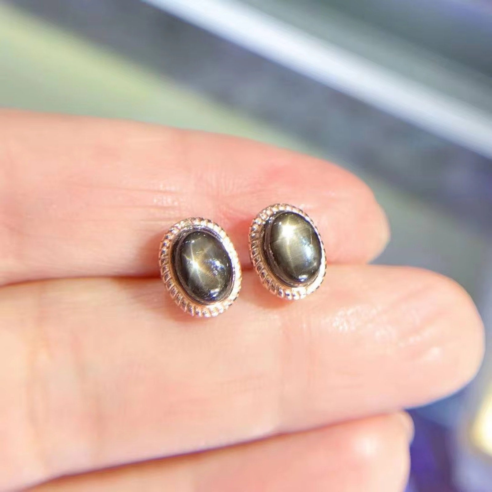 Star Sapphire Earrings, Natural Star Sapphire Stud Earrings 5x7mm Sterling
