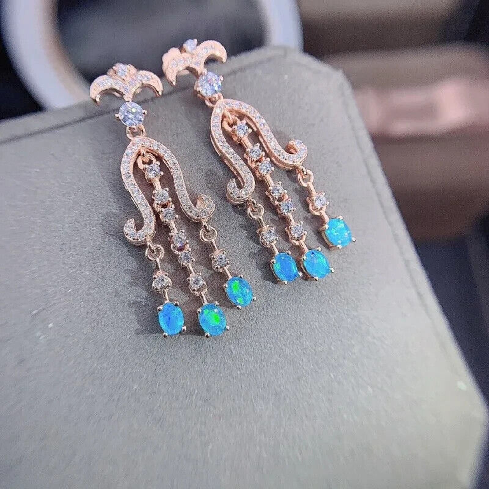 Blue Opal Chandelier Earrings 3x4mm 925 Sterling Silver
