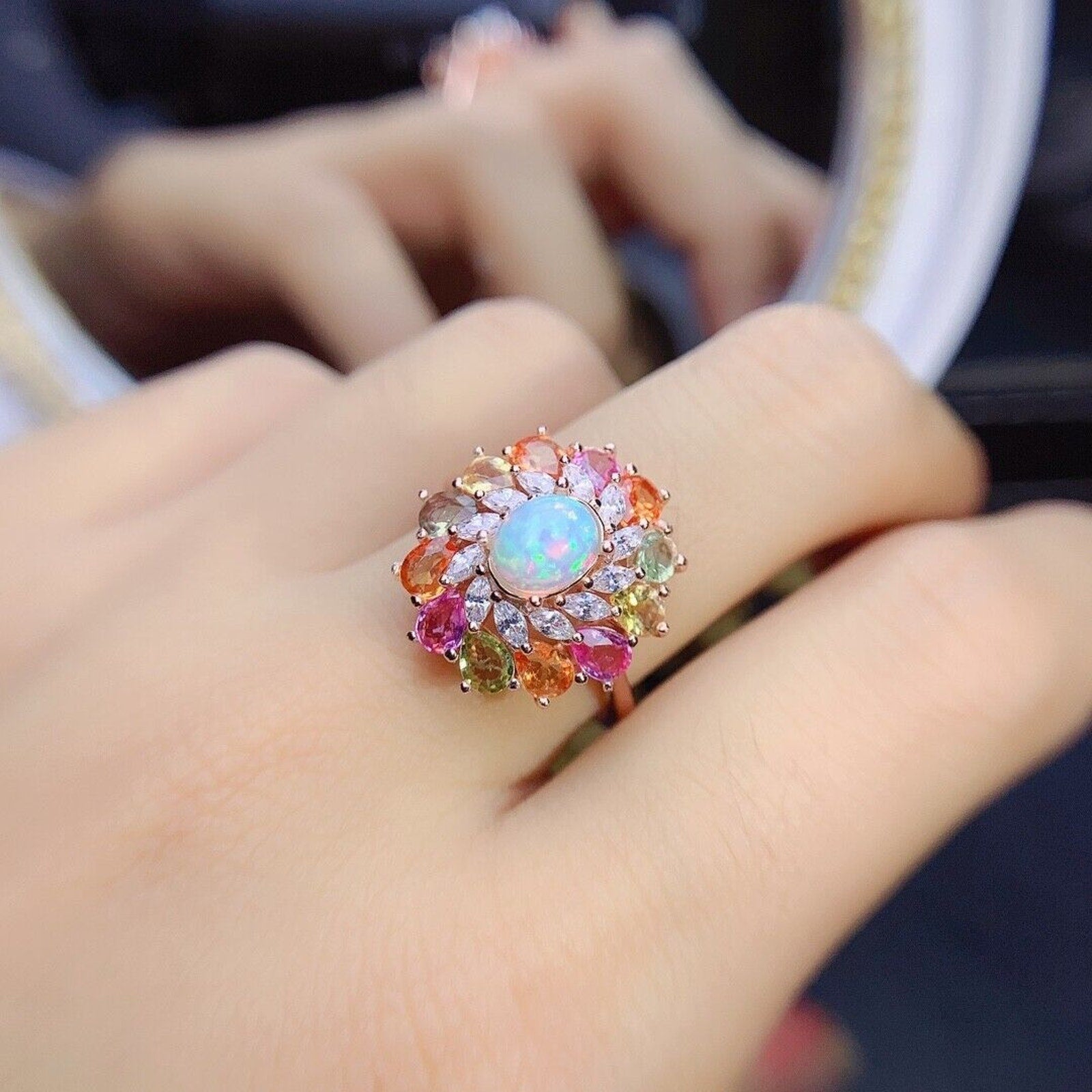 Australian White Opal and Sapphire Statement Ring, Colorful Sapphire and Opal