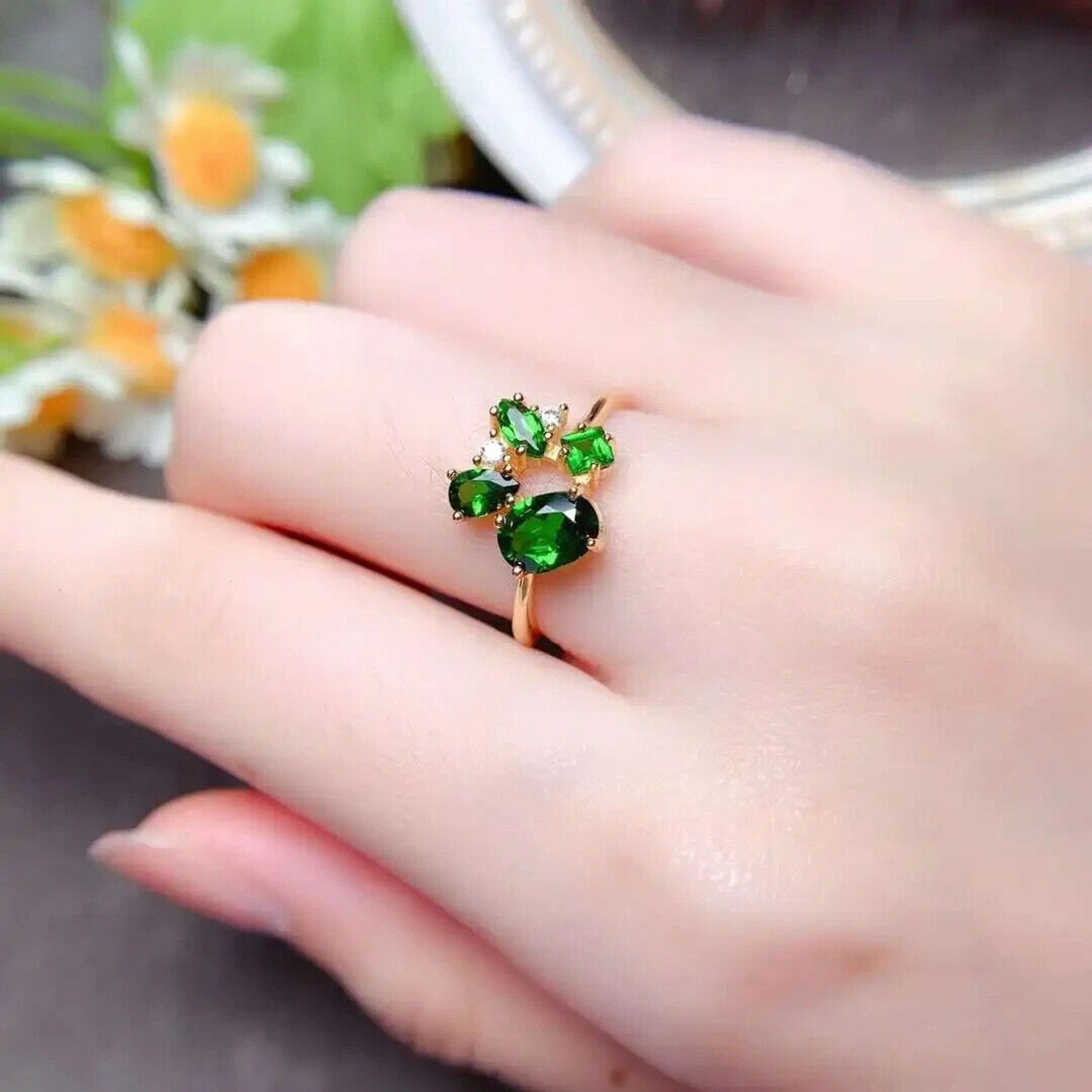 Women's Natural Chrome Diopside Ring, Diopside Cocktail Ring